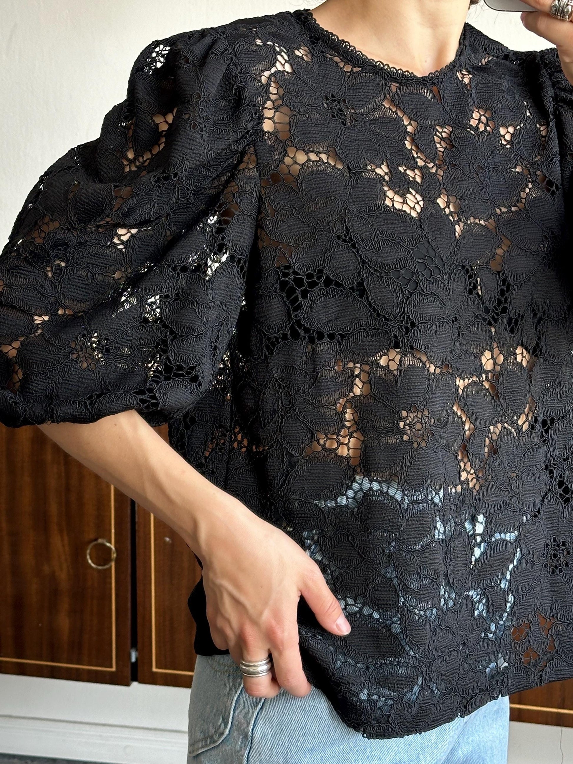 Vintage 80s women black lace blouse, sheer button-down blouse, transparent top