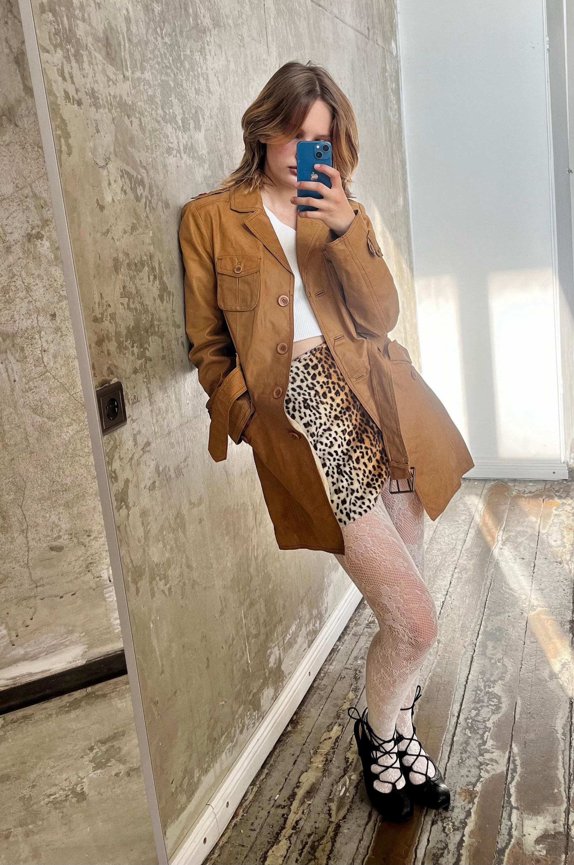 Vintage belted genuine suede coat in camel brown