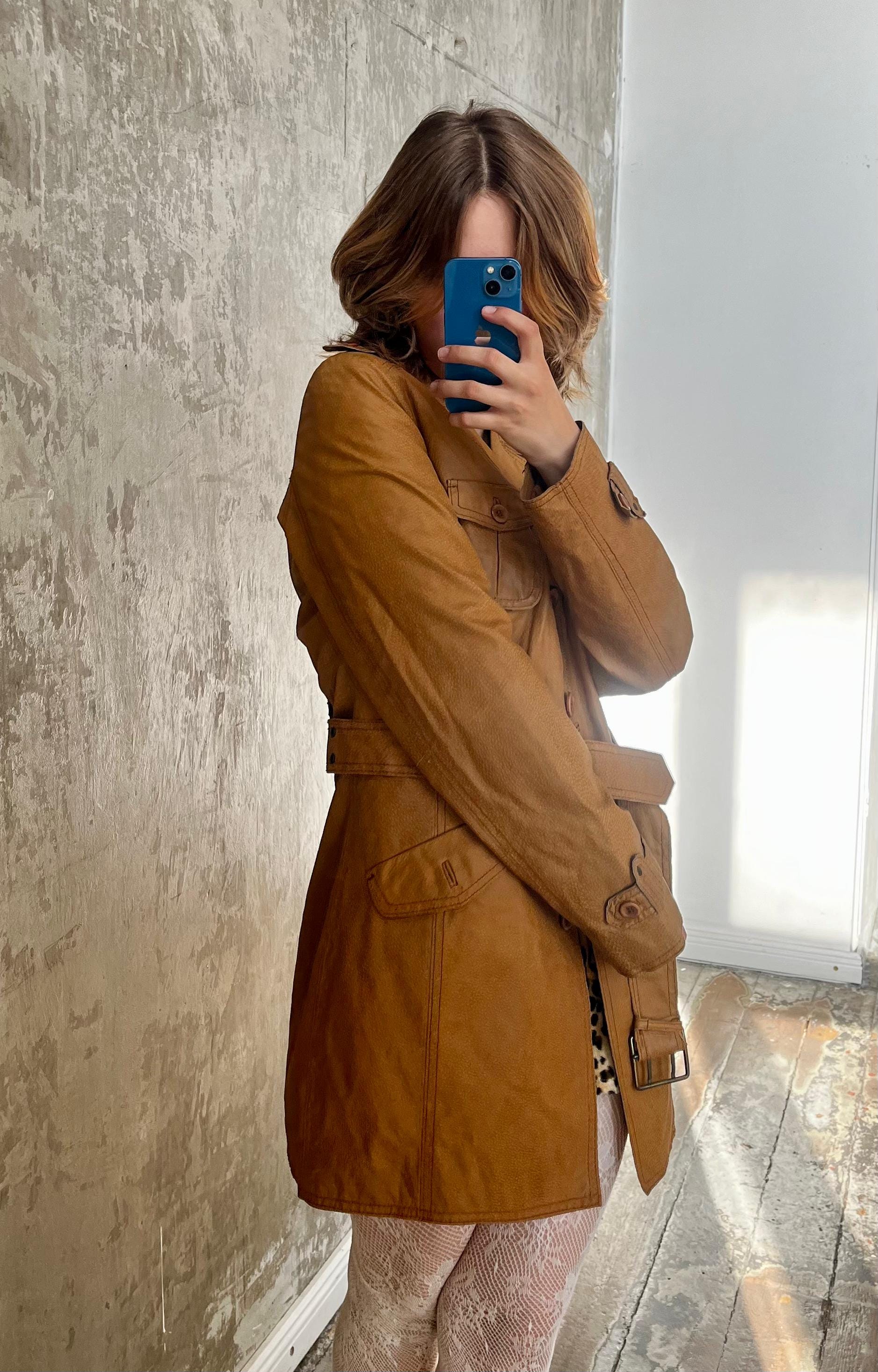 Vintage belted genuine suede coat in camel brown