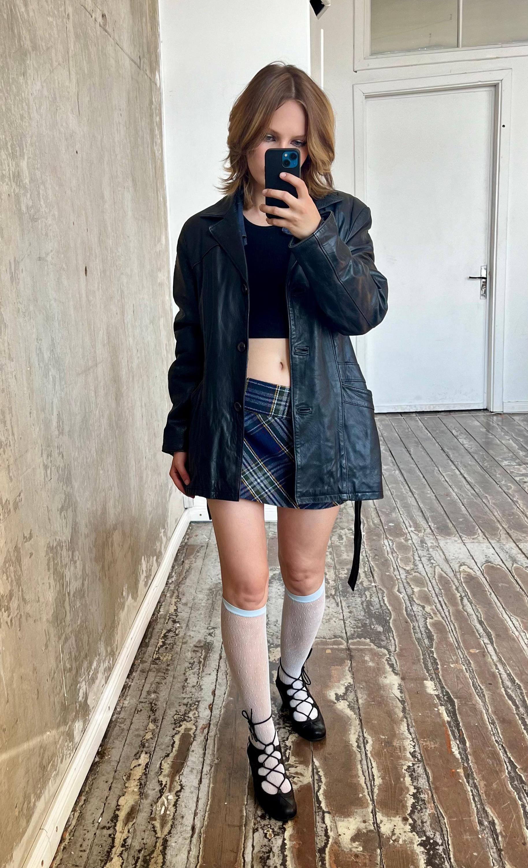 90s Vintage belted leather midi jacket in black