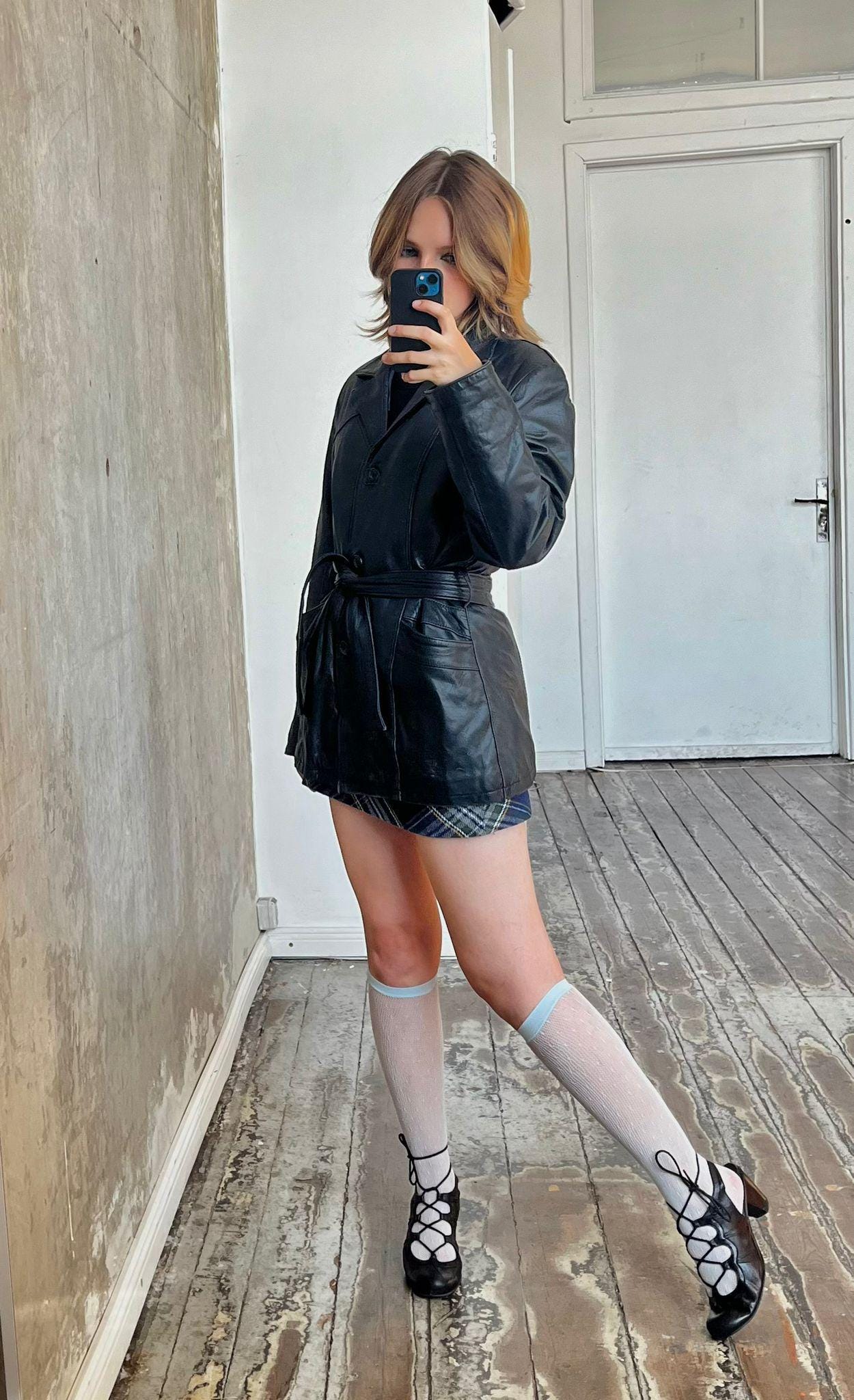90s Vintage belted leather midi jacket in black
