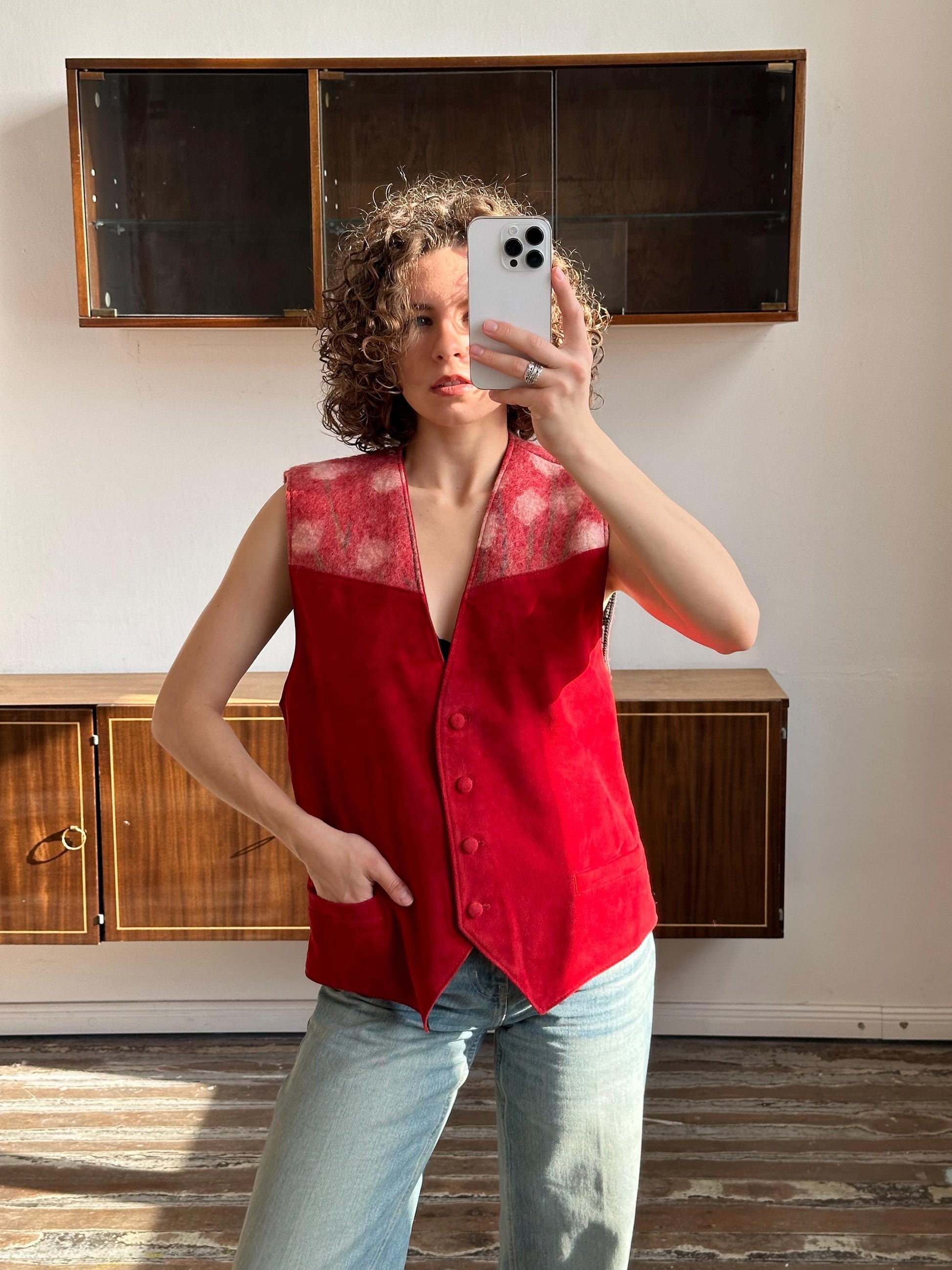 Vintage insulated leather vest in red, leather waistcoat