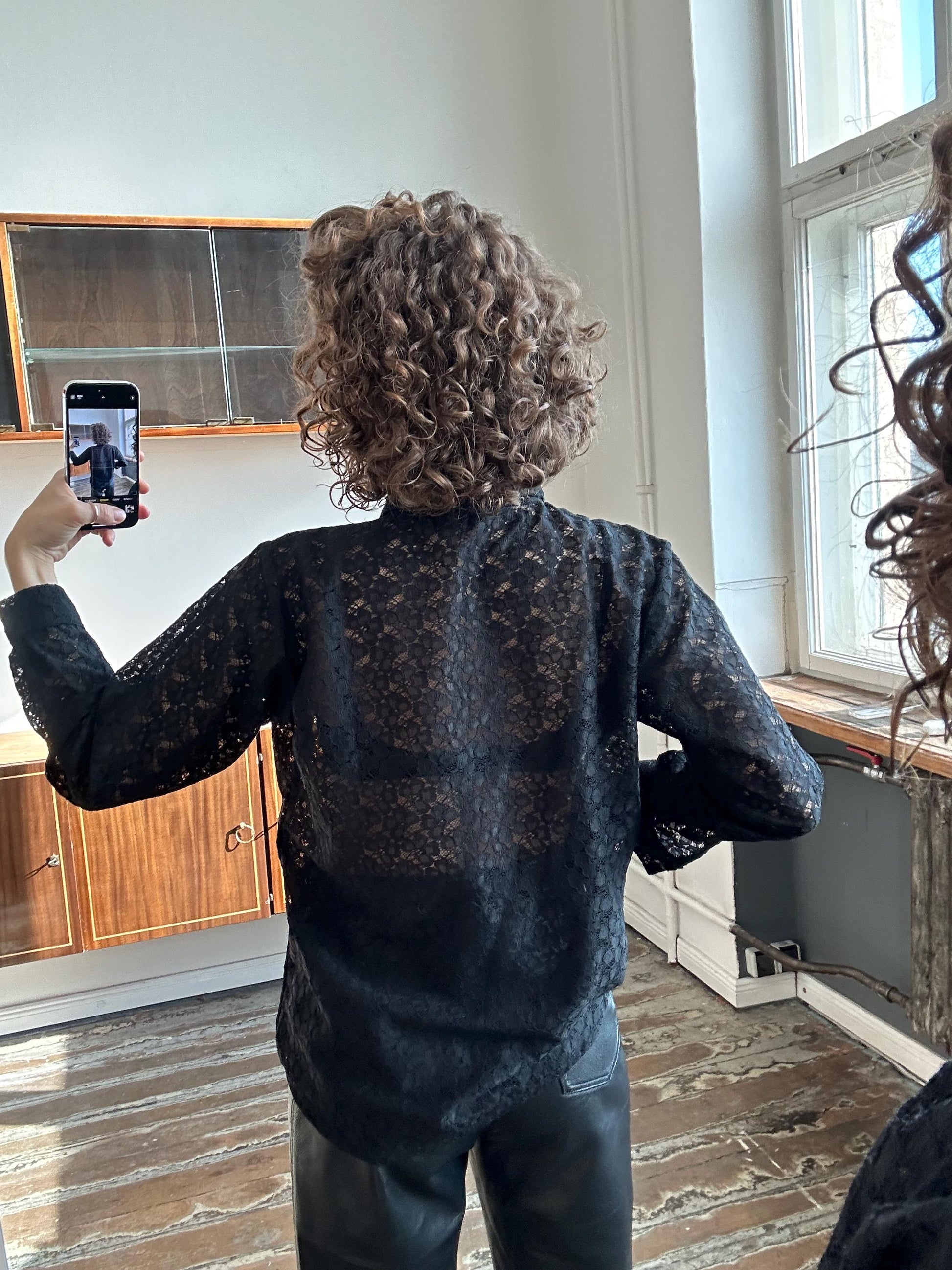 Vintage lace blouse in black, sheer top