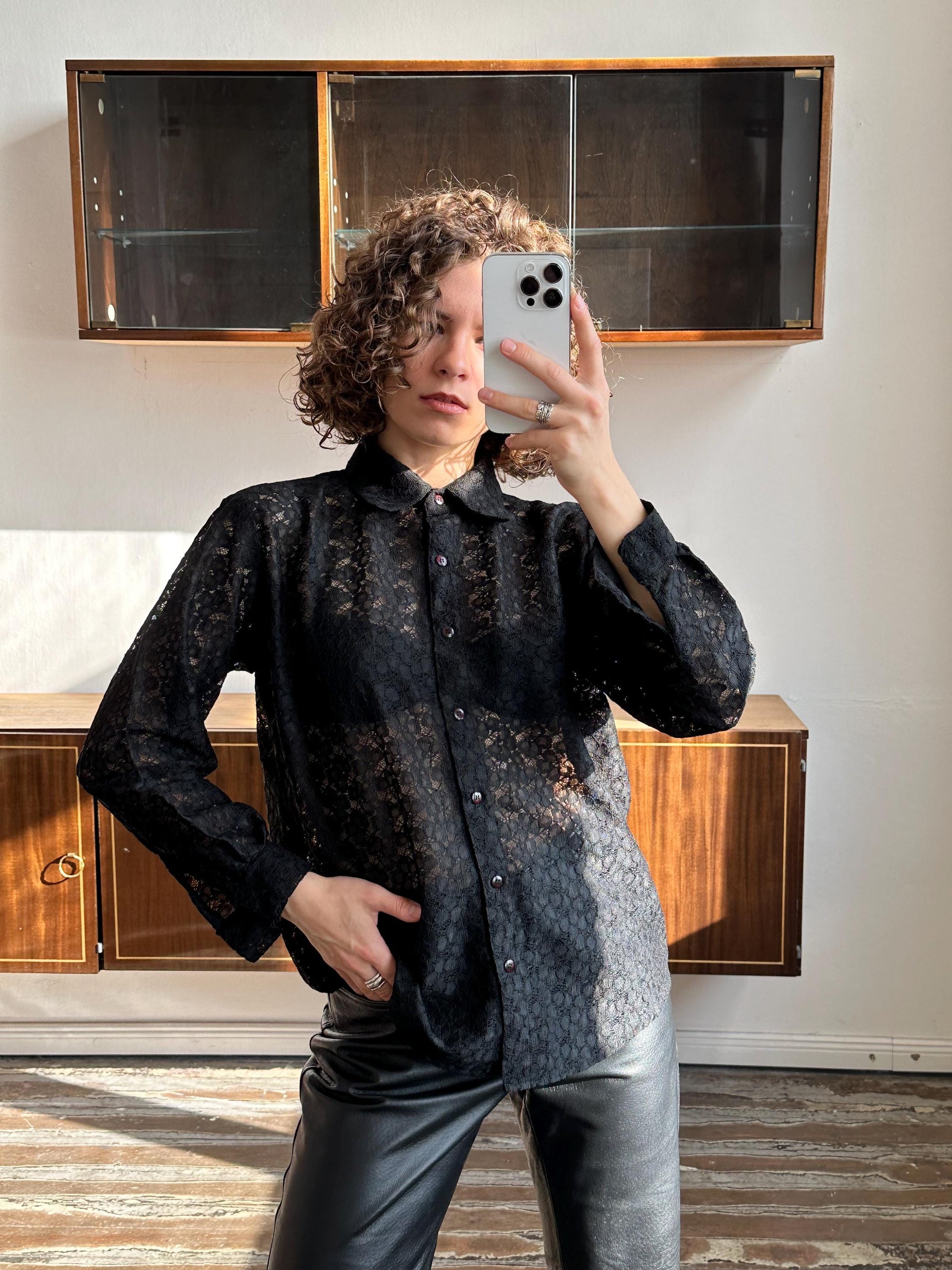 Vintage lace blouse in black, sheer top