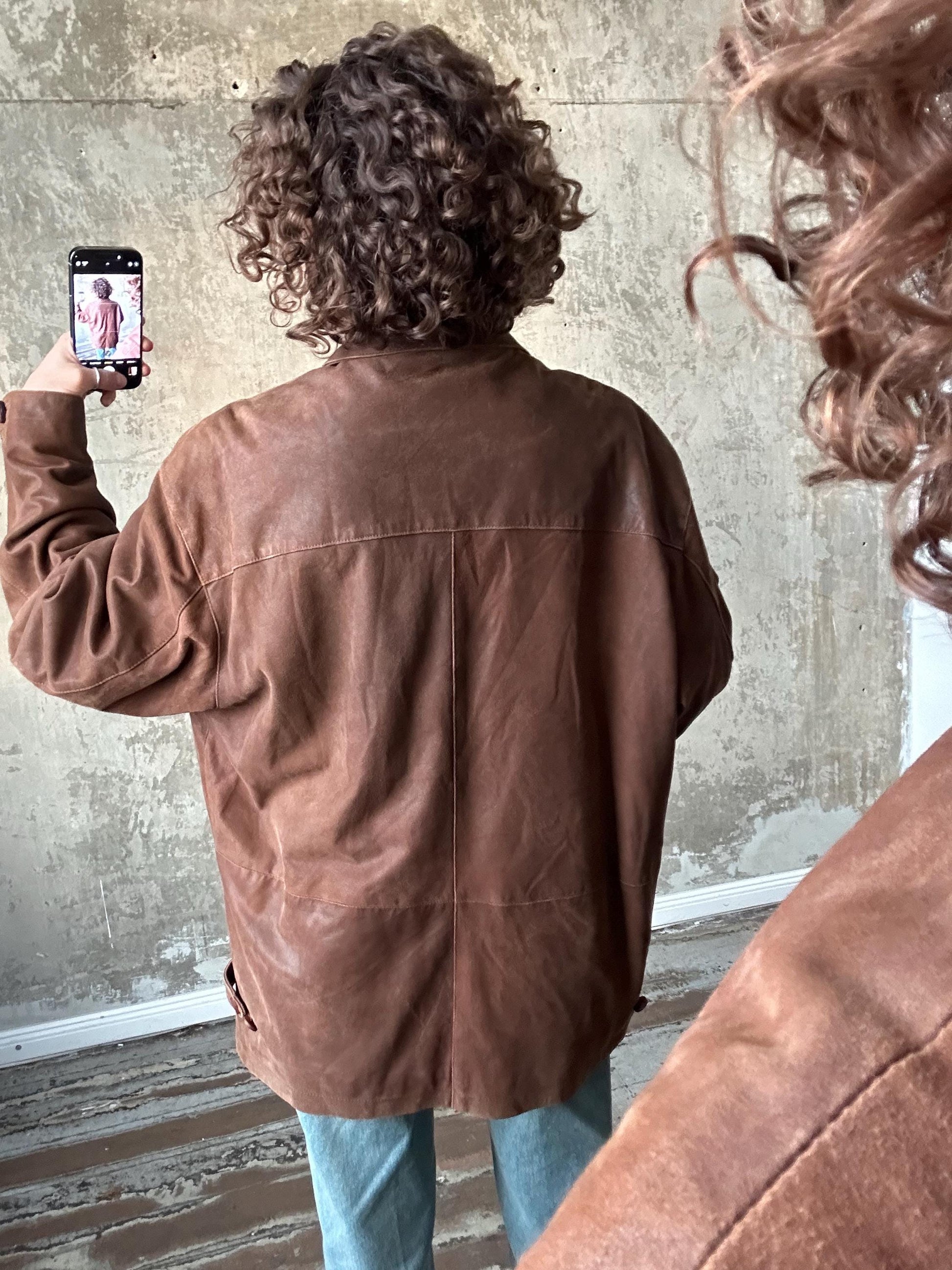 Vintage 90s button-down leather jacket in brown