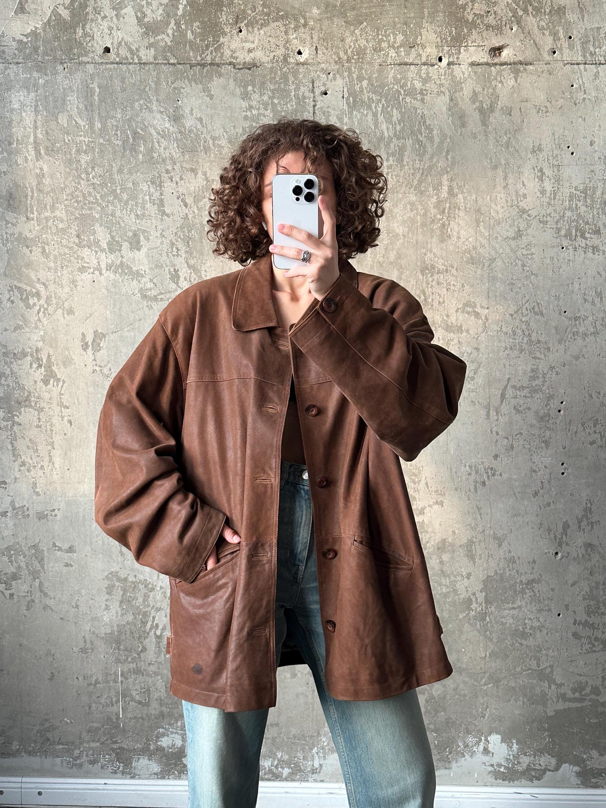 Vintage 90s button-down leather jacket in brown