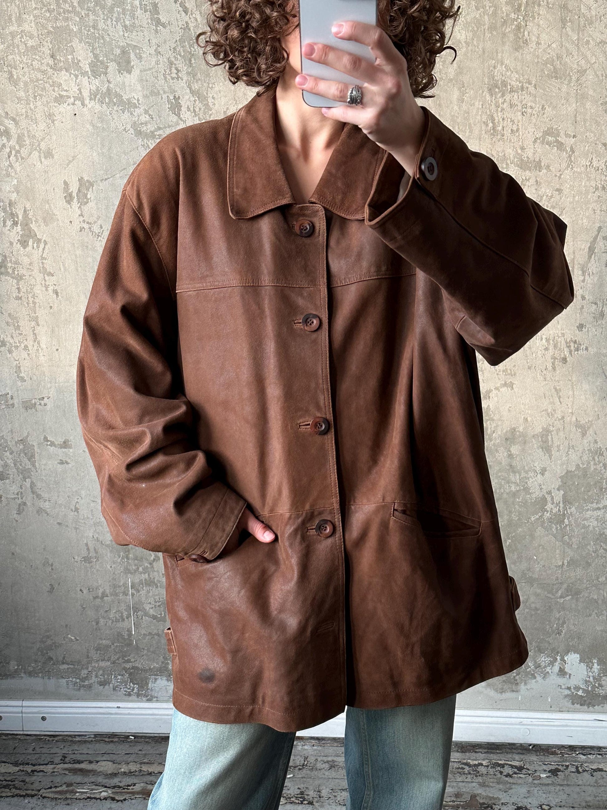 Vintage 90s button-down leather jacket in brown