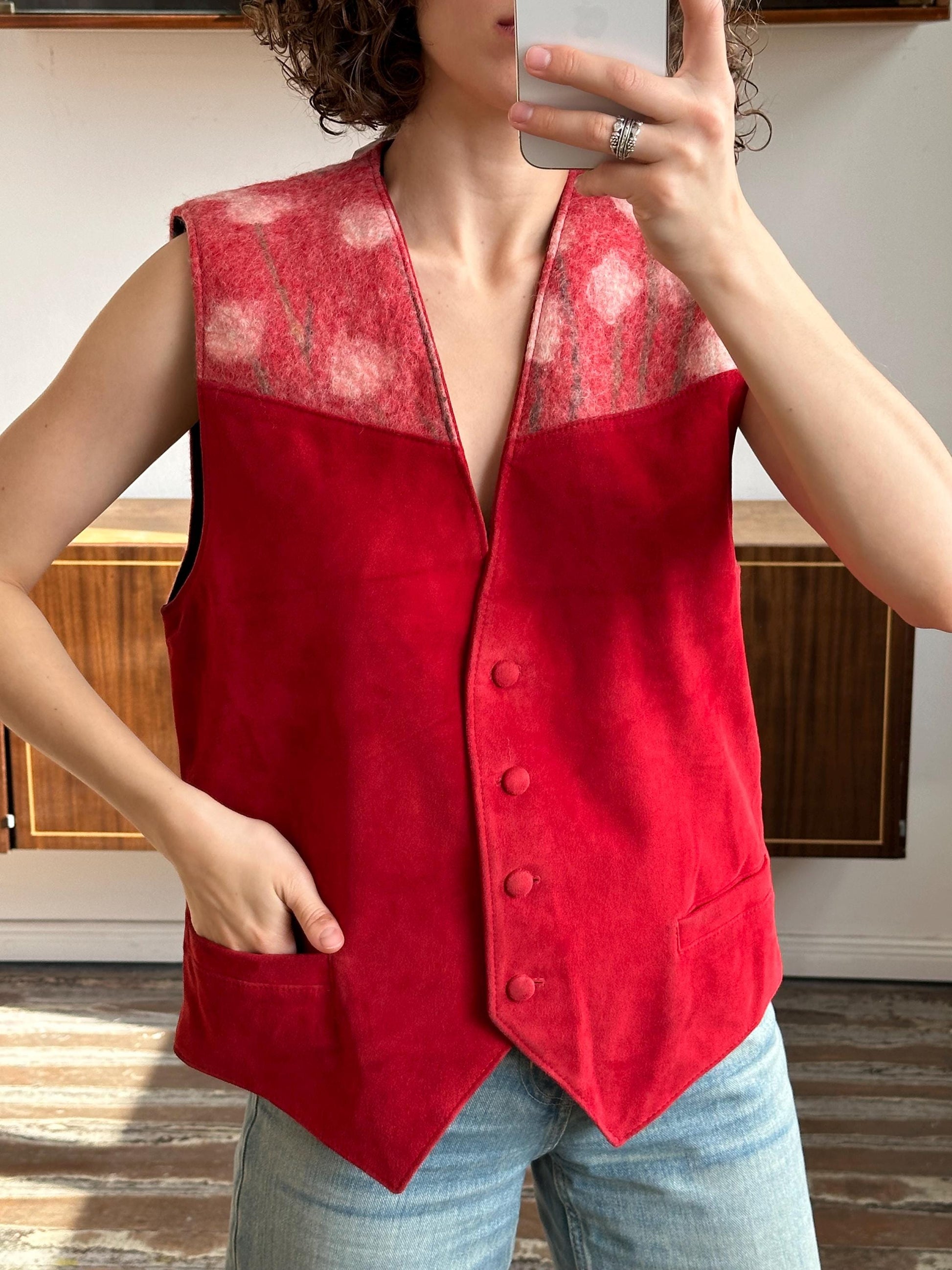 Vintage insulated leather vest in red, leather waistcoat