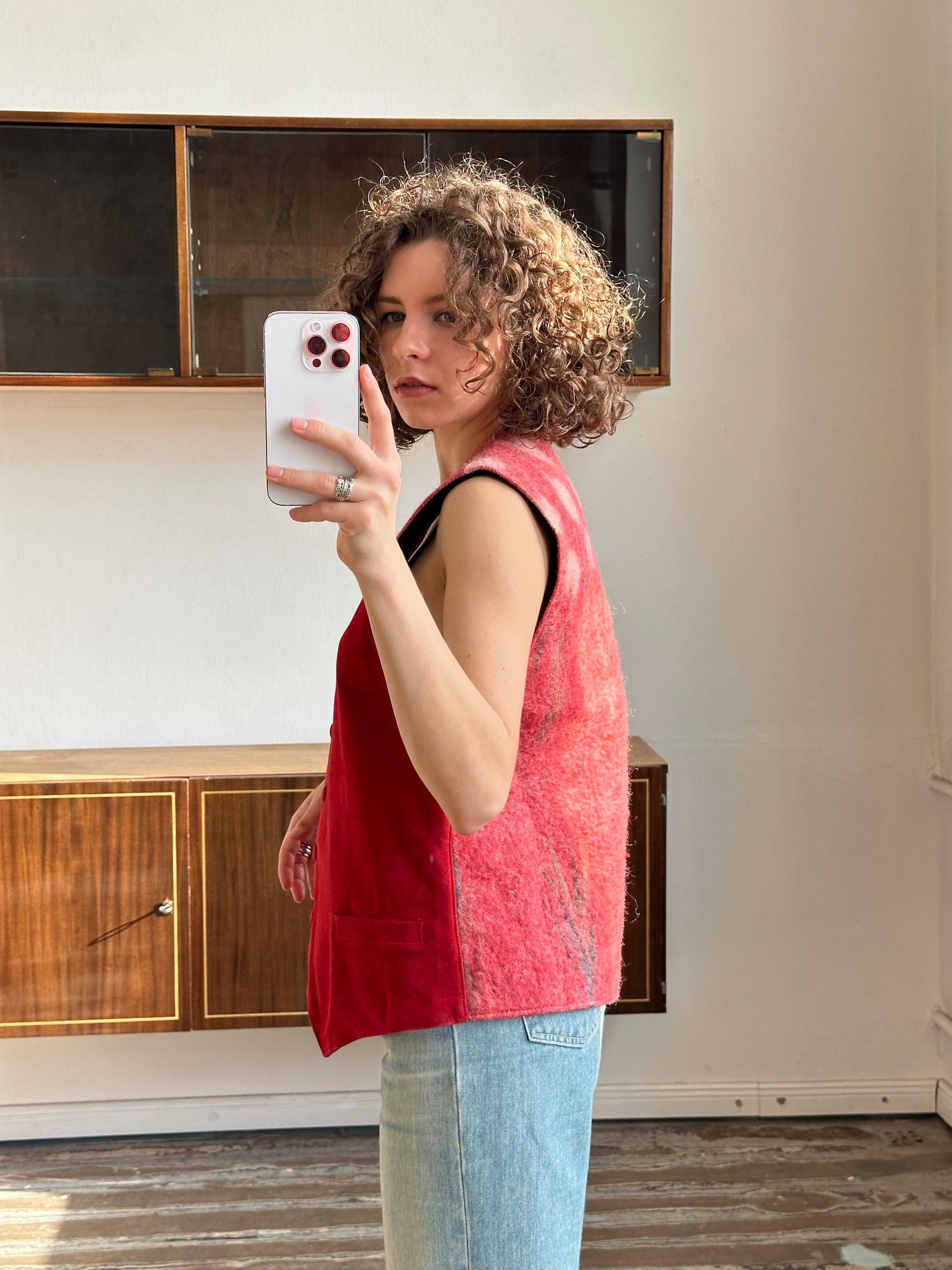 Vintage insulated leather vest in red, leather waistcoat