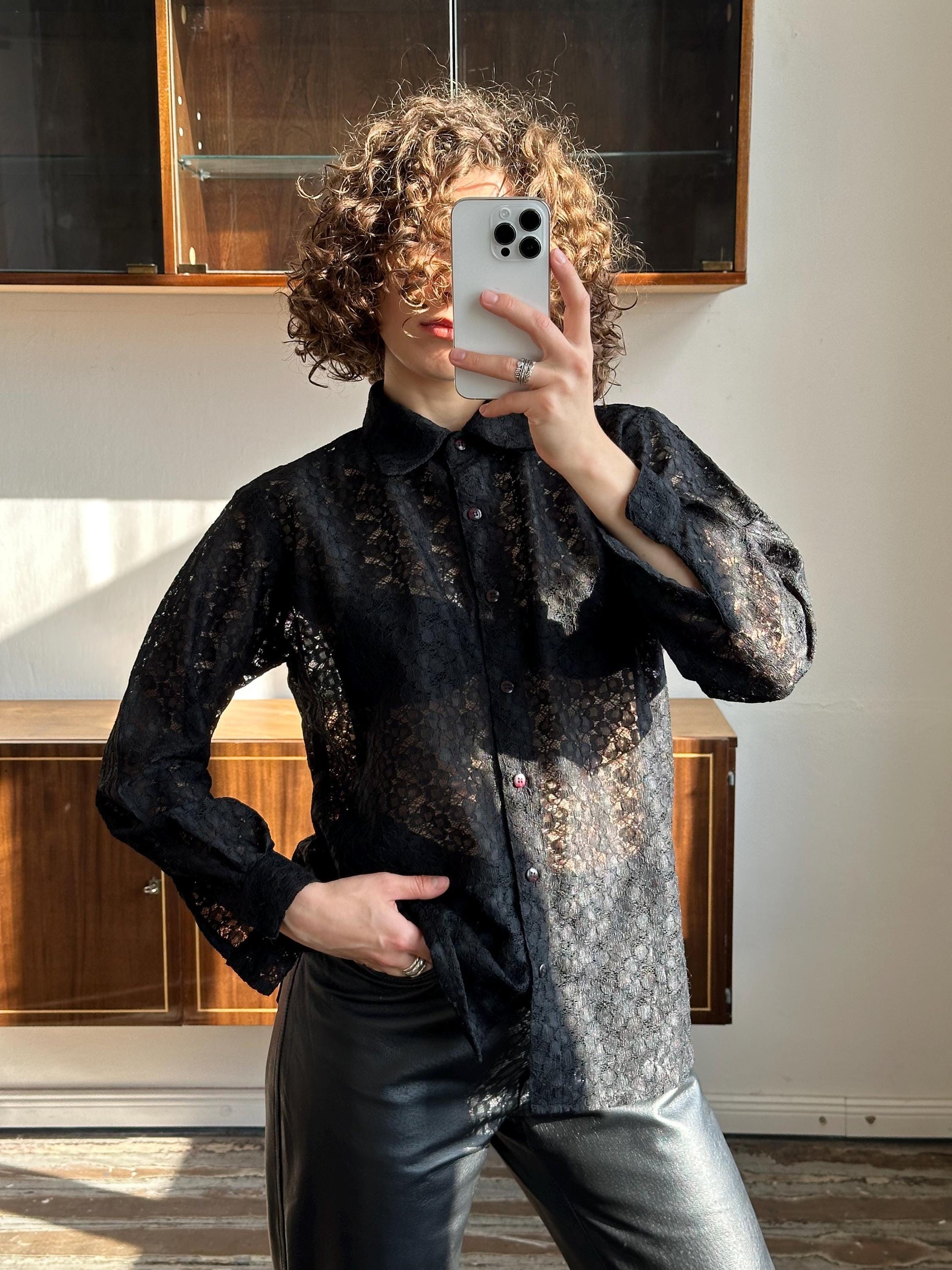 Vintage lace blouse in black, sheer top
