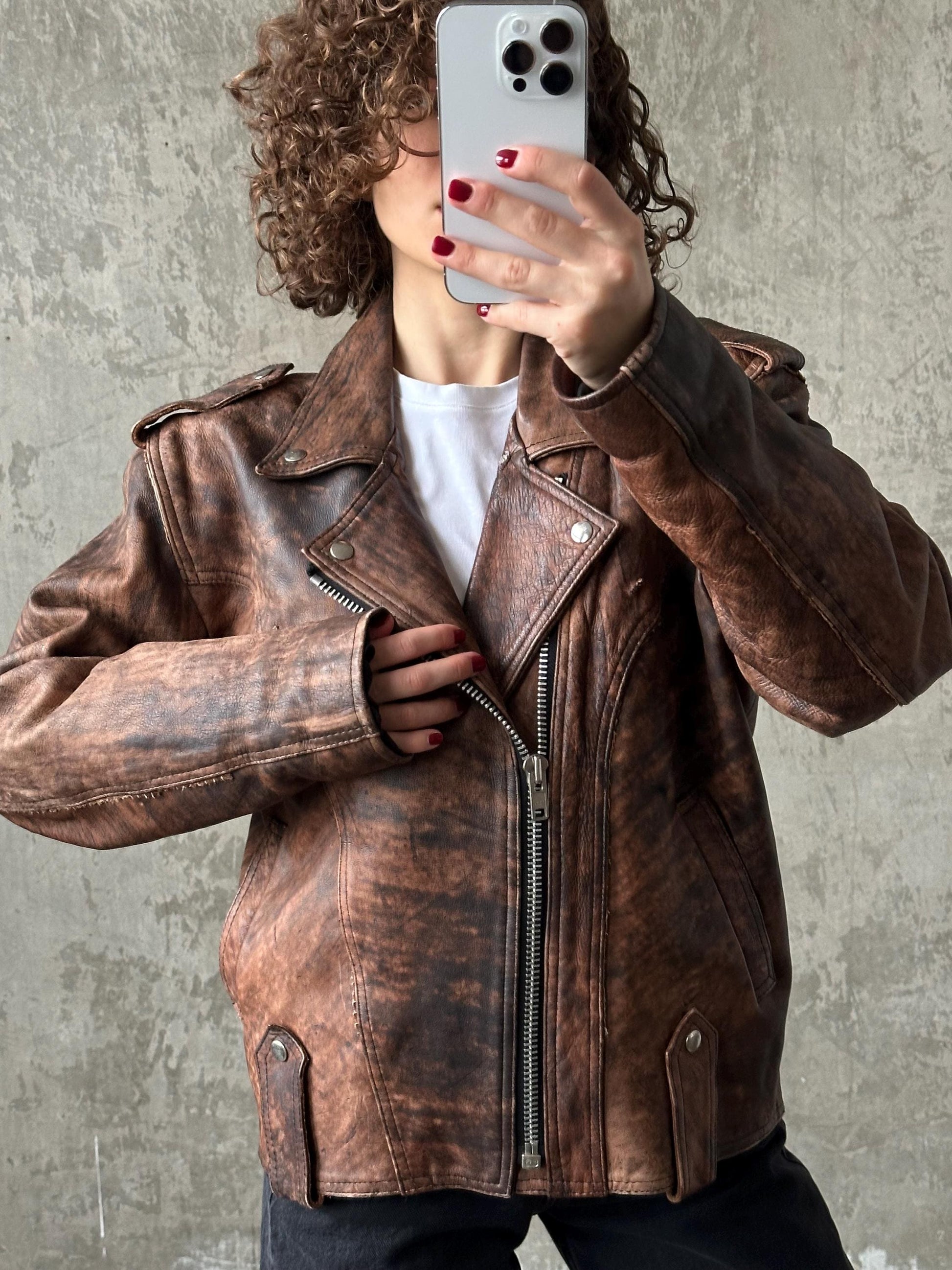 Vintage distressed leather motorcycle bomber jacket in brown
