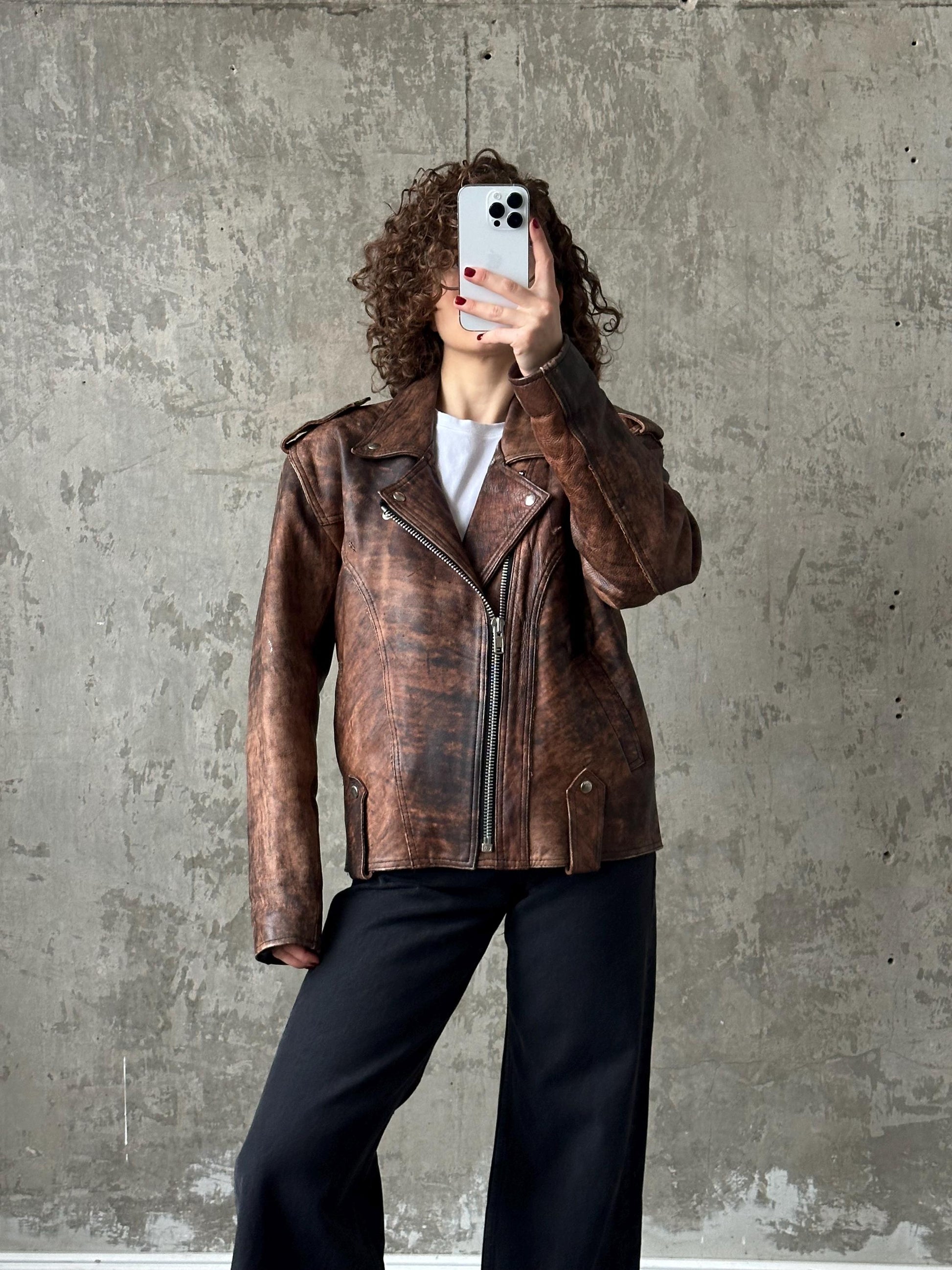 Vintage distressed leather motorcycle bomber jacket in brown