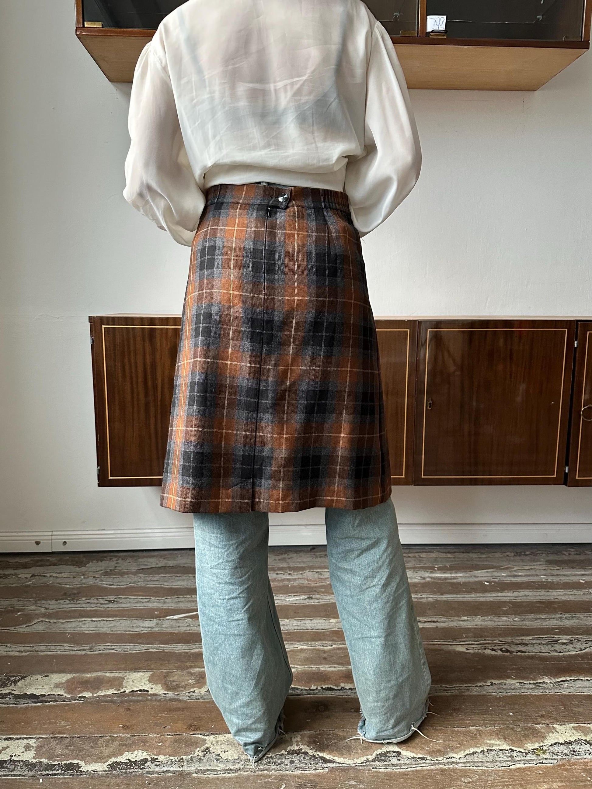 Vintage tartan plaid wool Scottish kilt, check skirt in brown