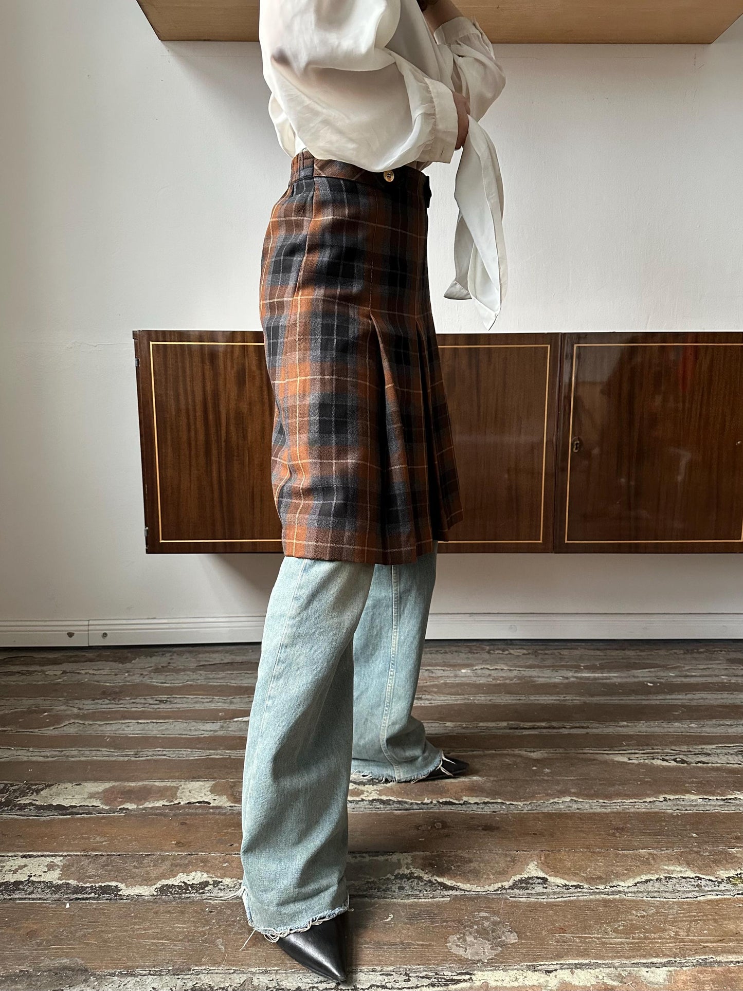 Vintage tartan plaid wool Scottish kilt, check skirt in brown