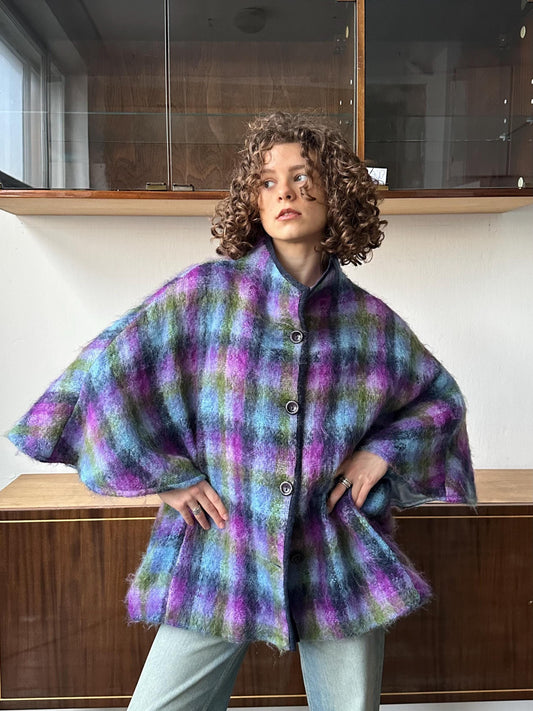 Vintage fuzzy plaid coat in purple and blue, vintage cape