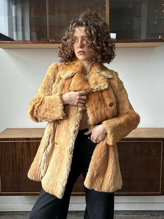 Vintage 90s short fur coat in brown / orange