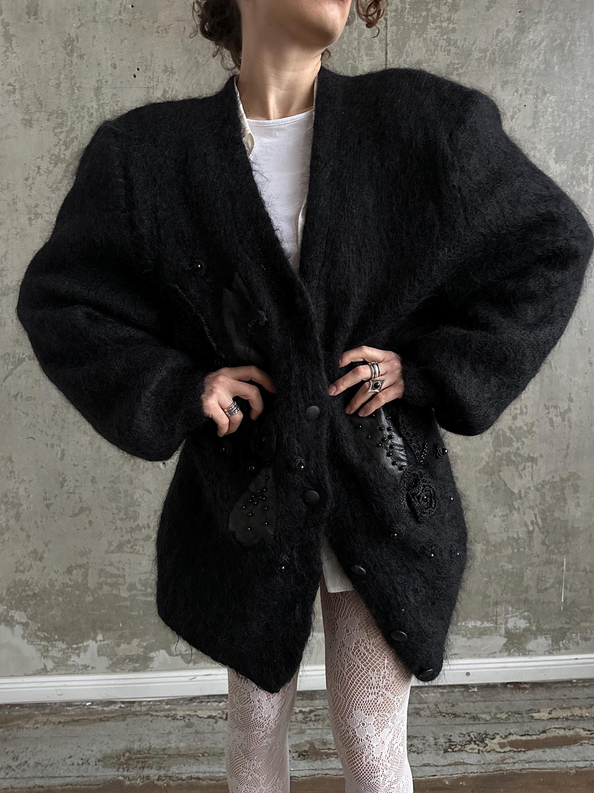 Vintage oversized mohair cardigan, 80s fuzzy sweater in black