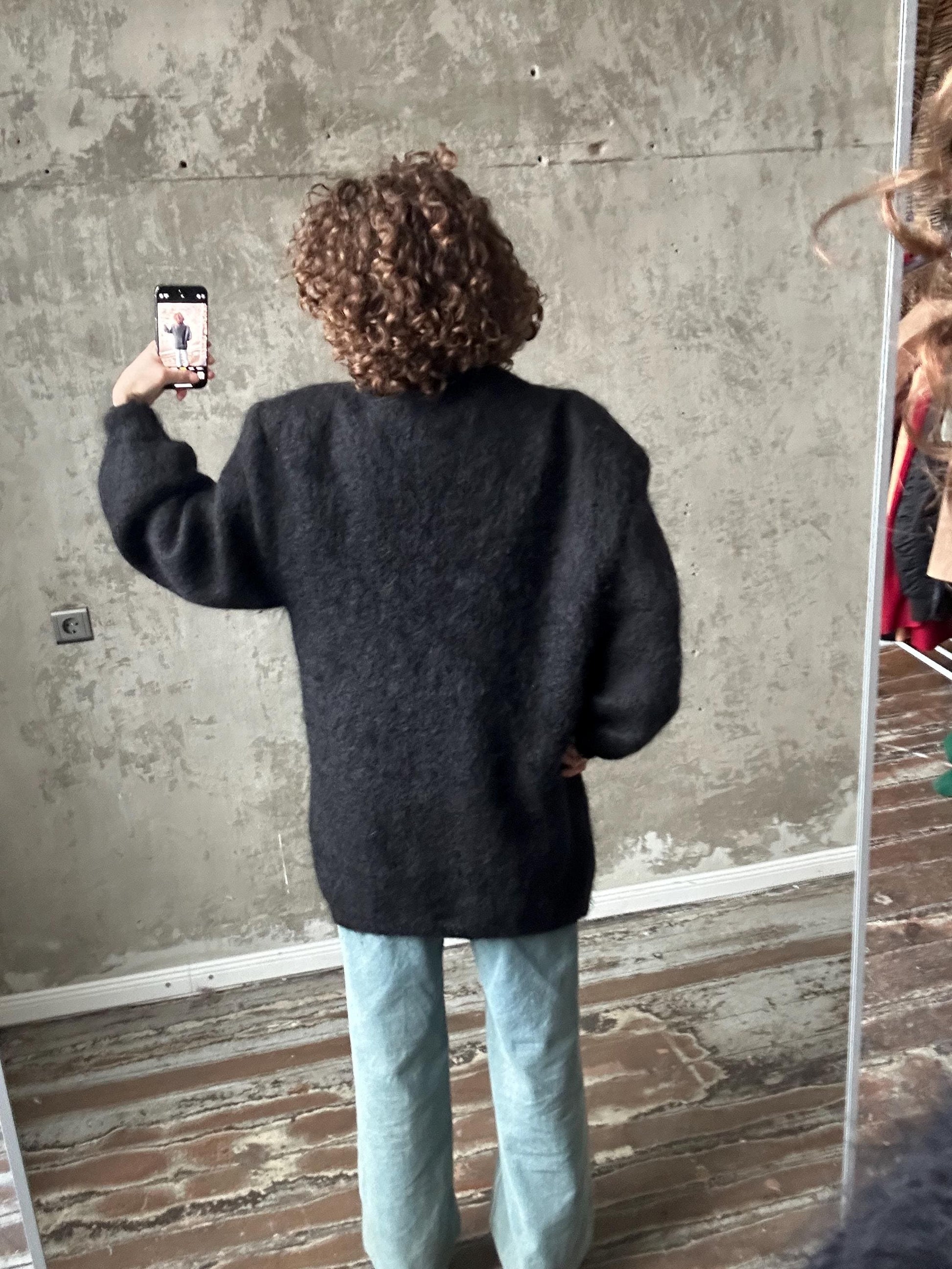 Vintage oversized mohair cardigan, 80s fuzzy sweater in black