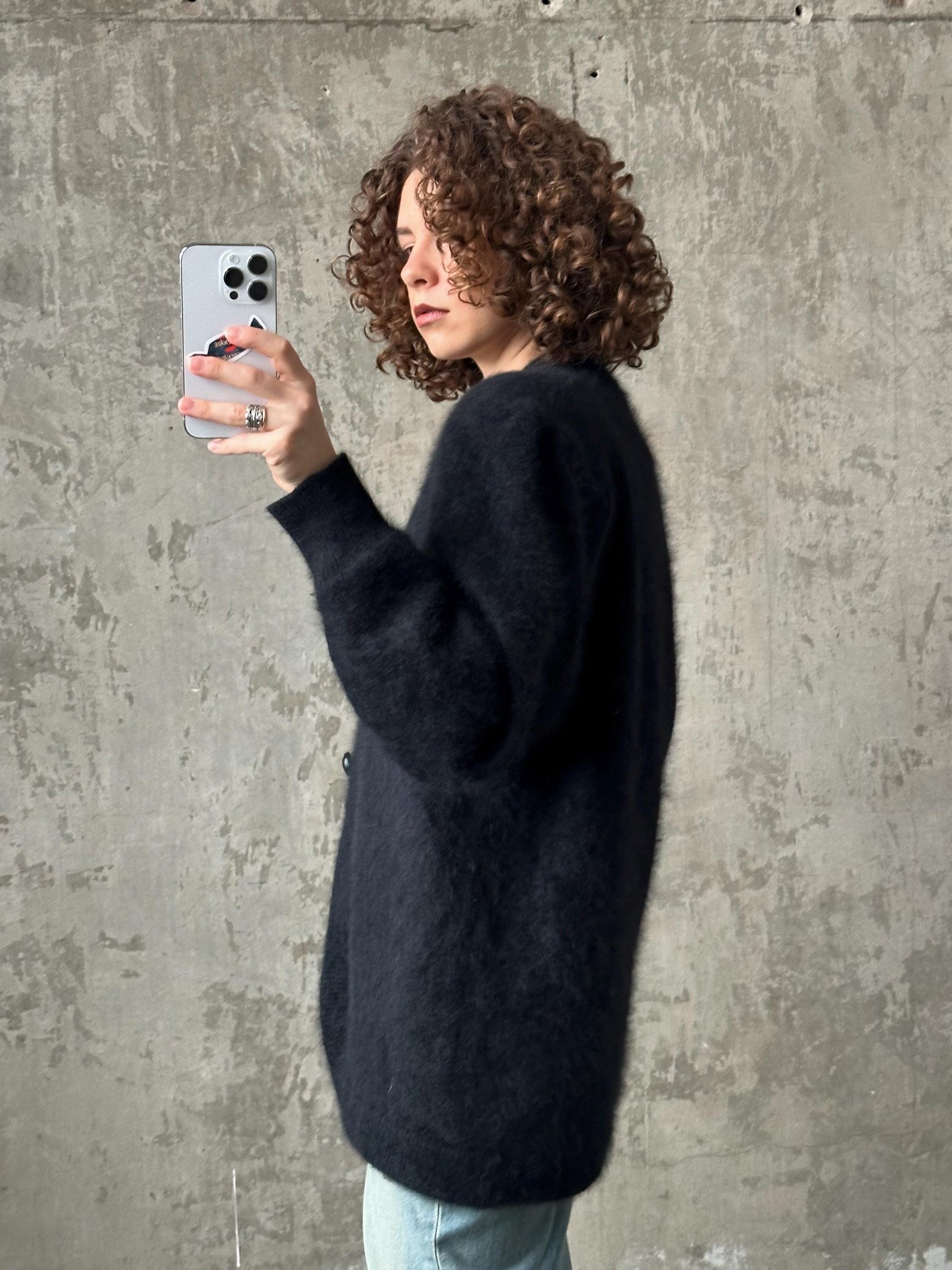 Vintage black angora cardigan, 80s fuzzy sweater