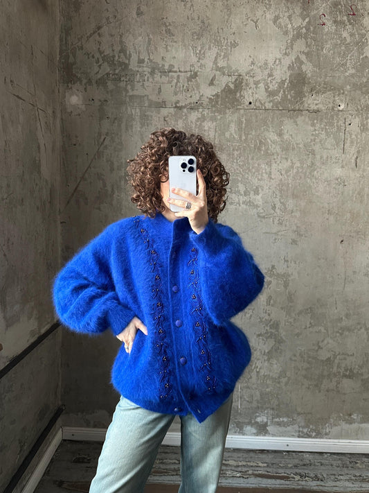 Vintage blue angora cardigan, 80s fuzzy sweater