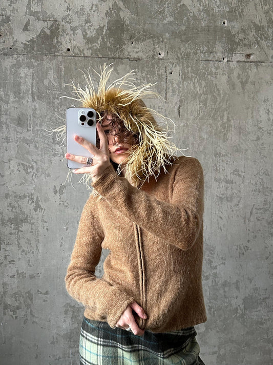 Vintage mohair hooded cardigan with feathers in brown