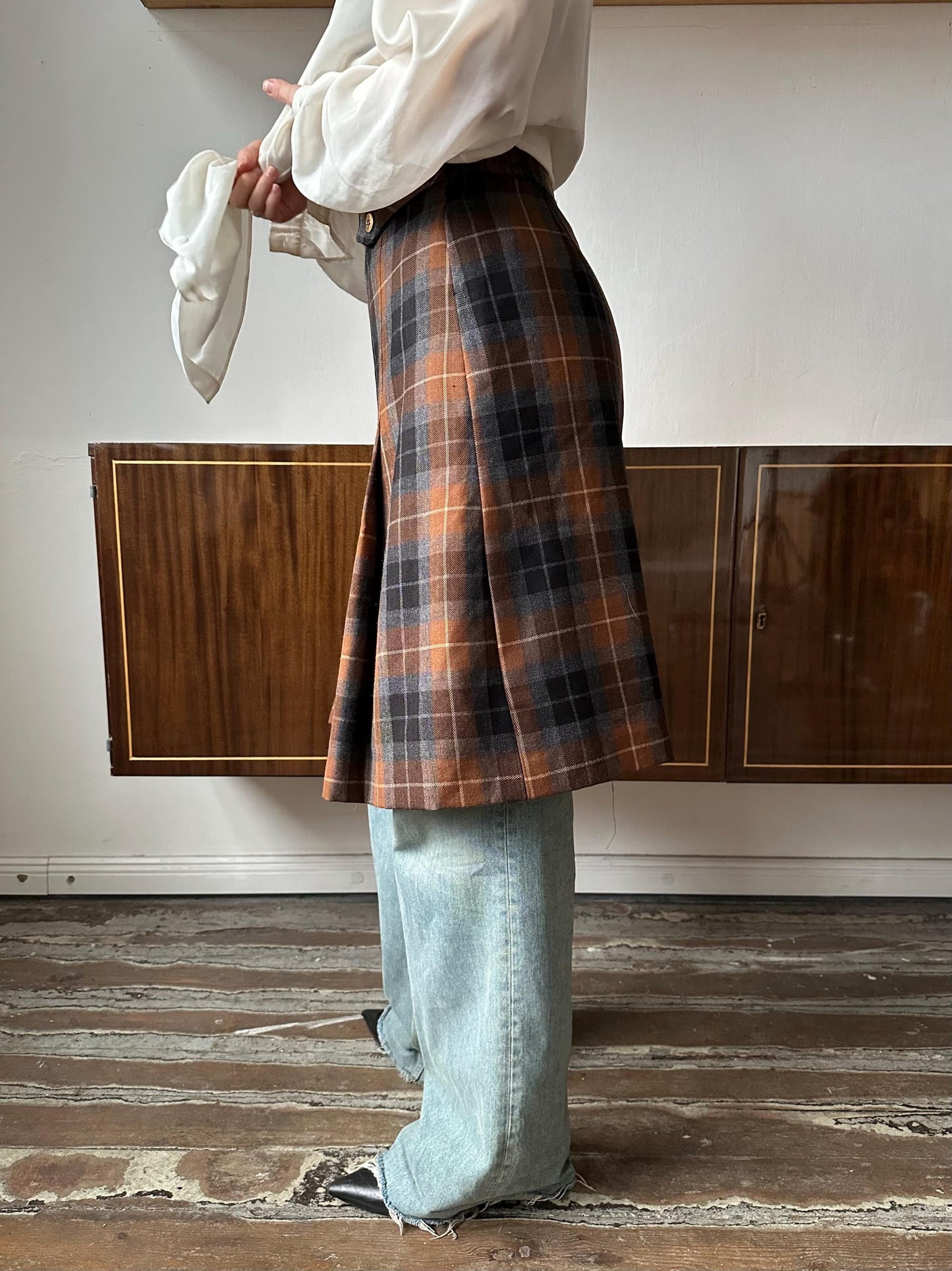 Vintage tartan plaid wool Scottish kilt, check skirt in brown