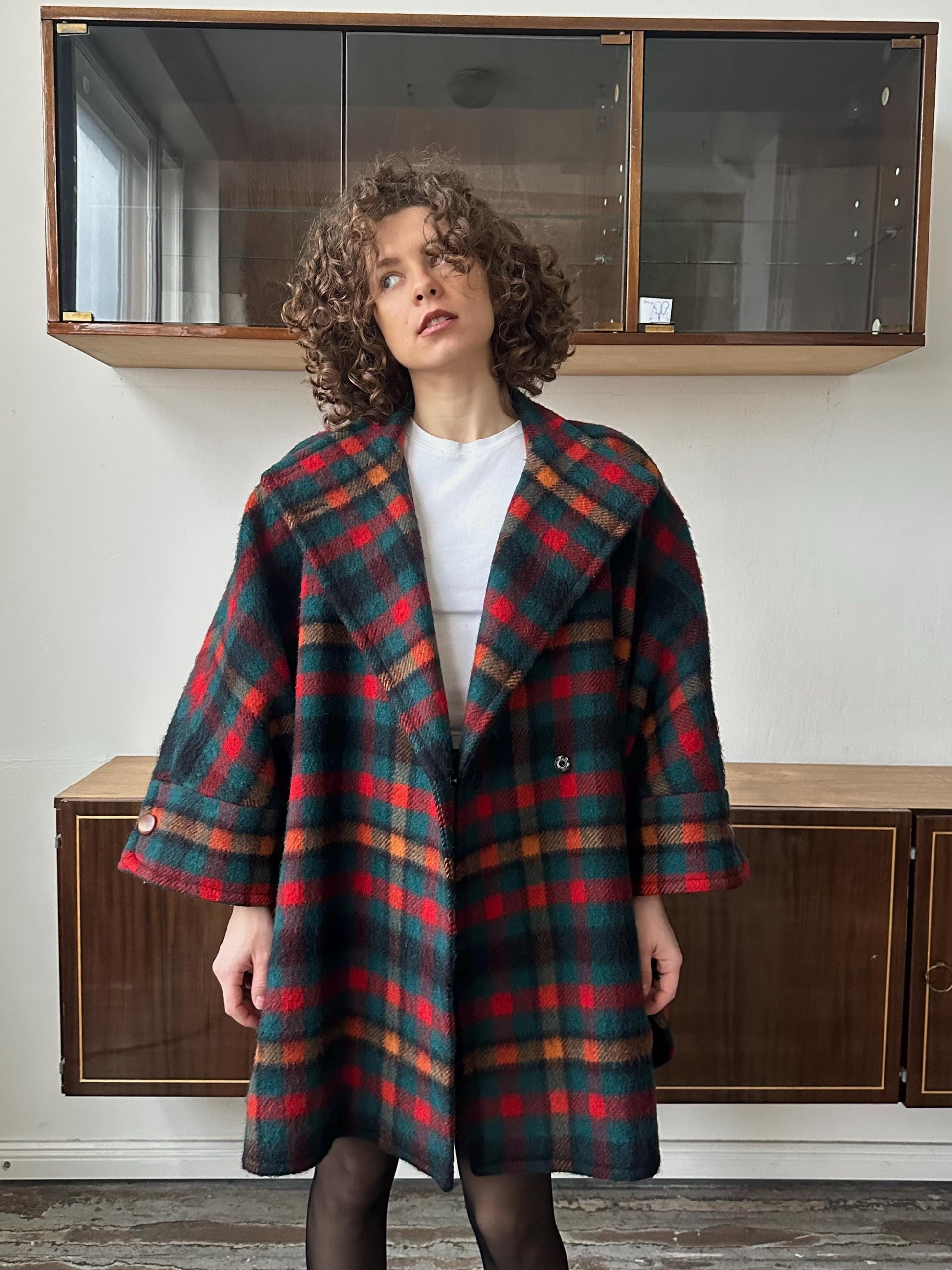 Vintage checked wool coat in red, short wool cape