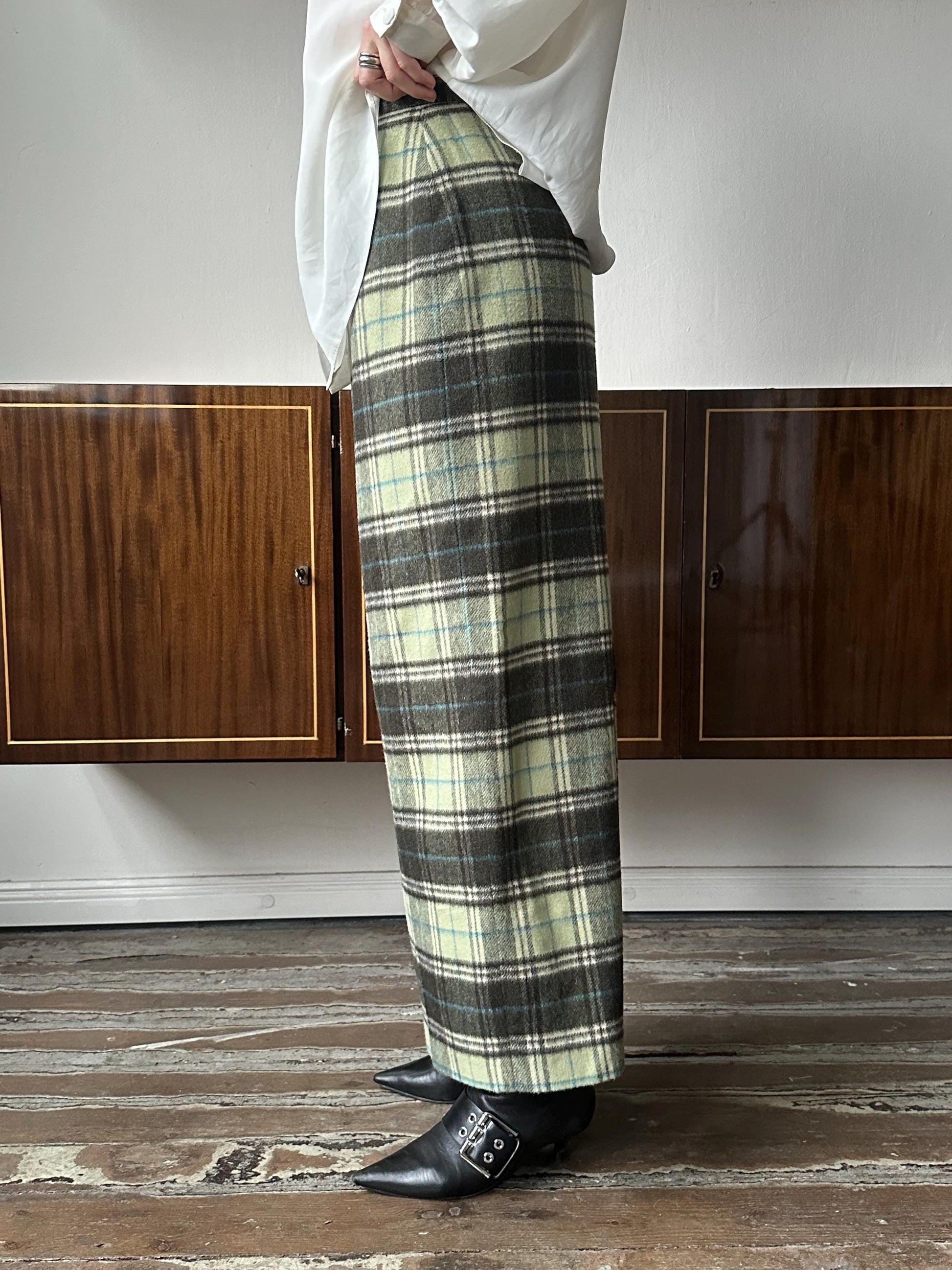 Vintage 90s plaid pencil skirt in muted green with multicolored accents