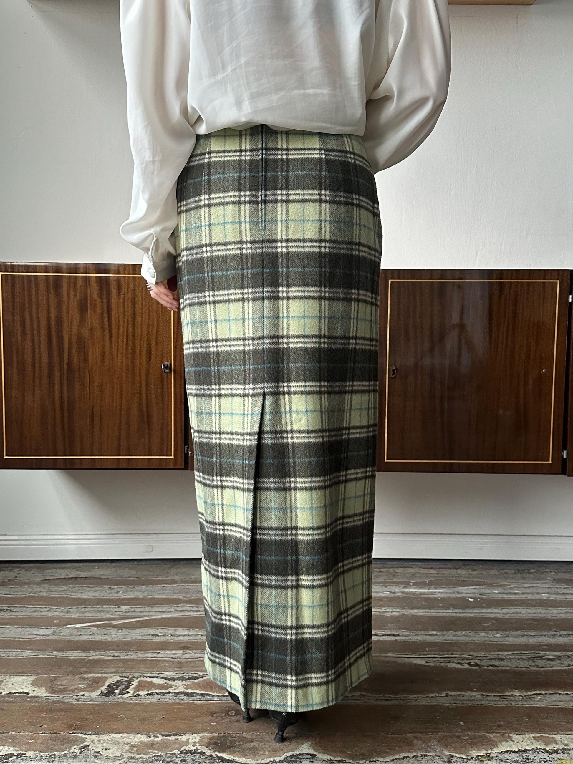 Vintage 90s plaid pencil skirt in muted green with multicolored accents