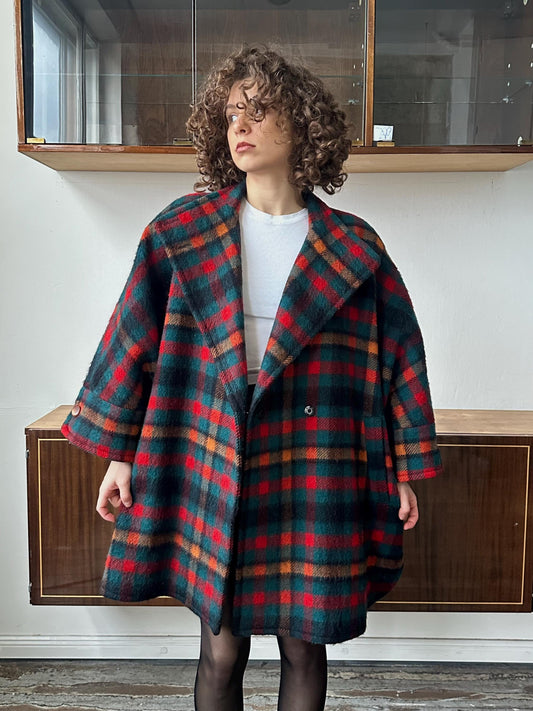 Vintage checked wool coat in red, short wool cape