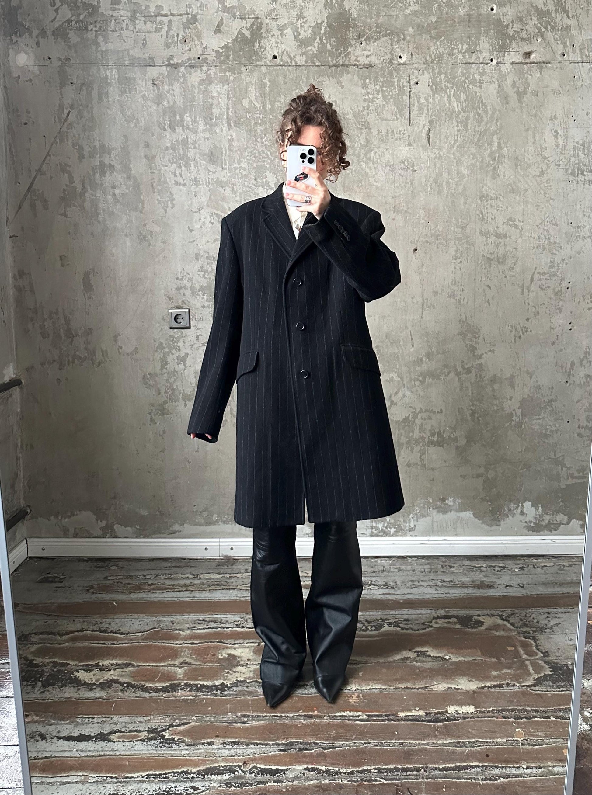 Vintage 90s wool striped coat in black