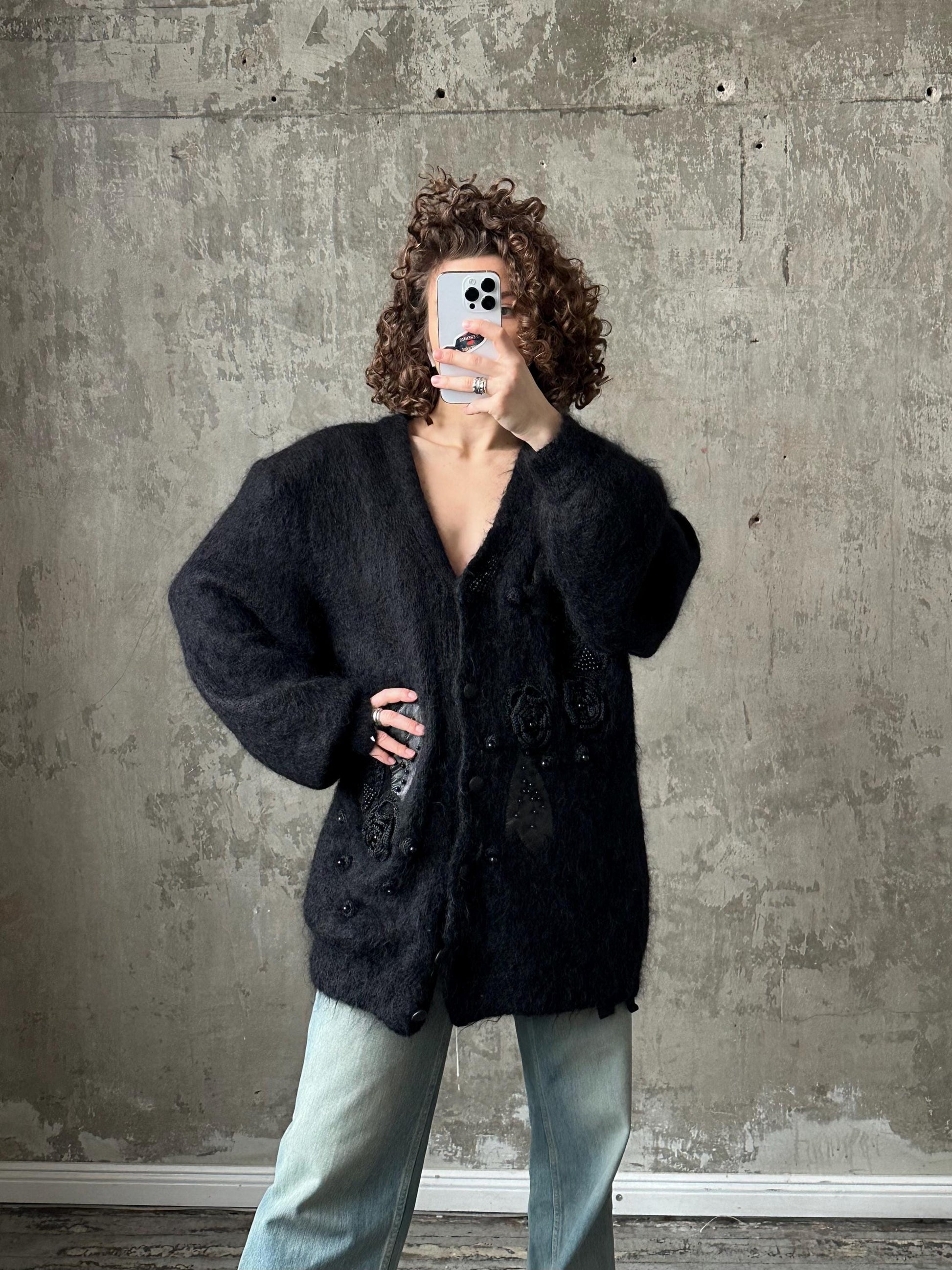 Vintage oversized mohair cardigan, 80s fuzzy sweater in black