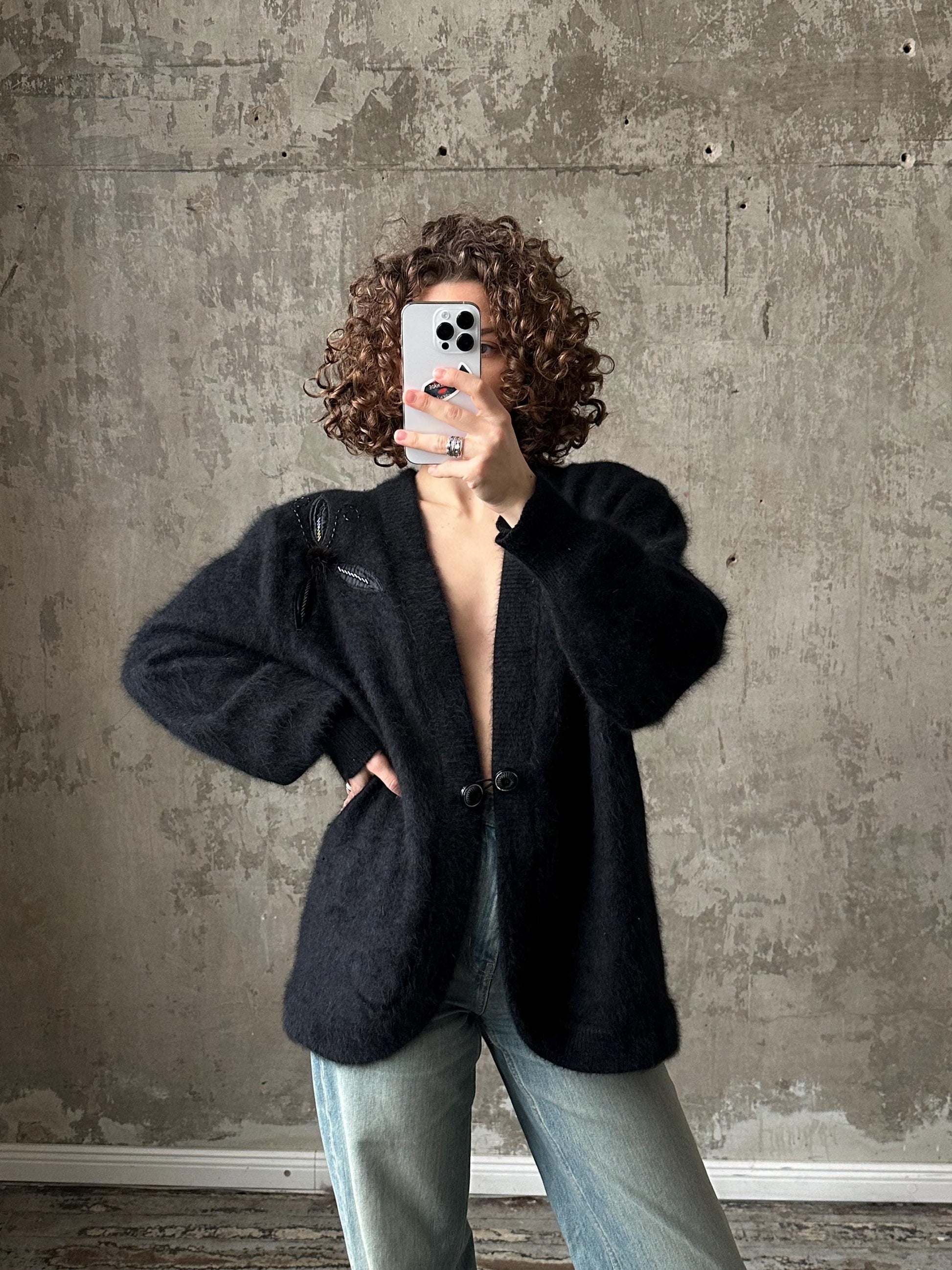 Vintage black angora cardigan, 80s fuzzy sweater