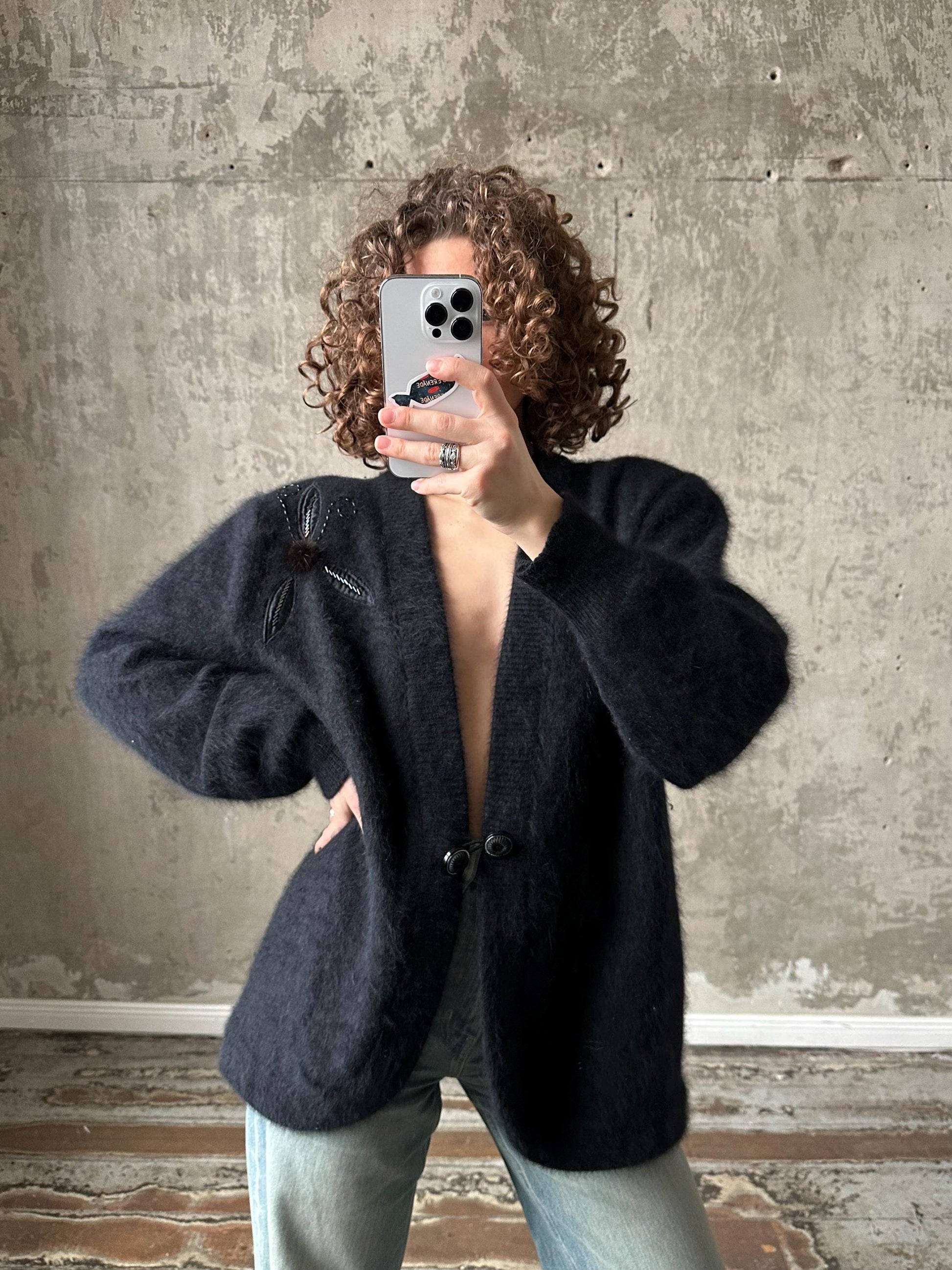 Vintage black angora cardigan, 80s fuzzy sweater