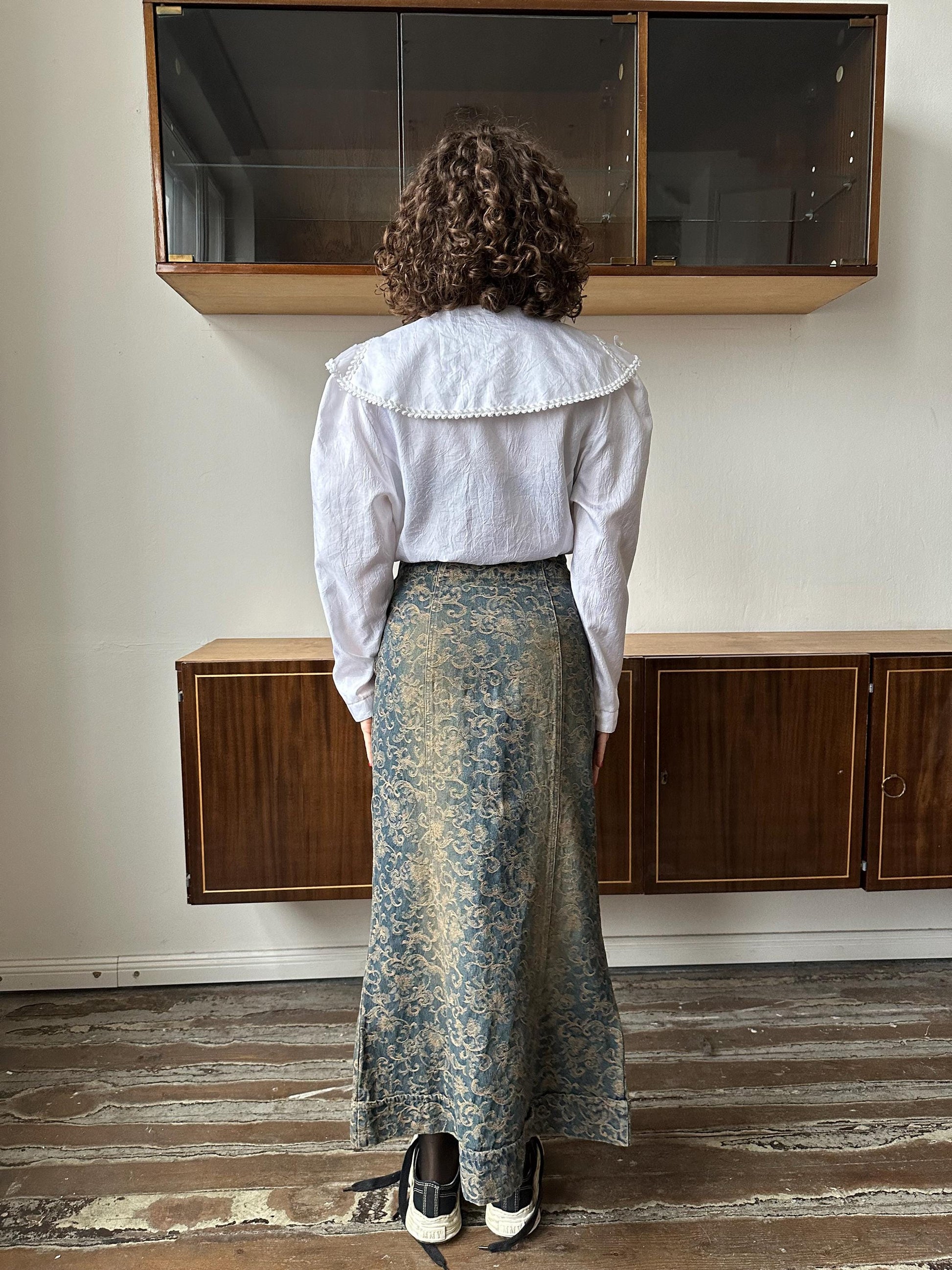 Vintage y2k long denim skirt with floral ornaments in distressed blue