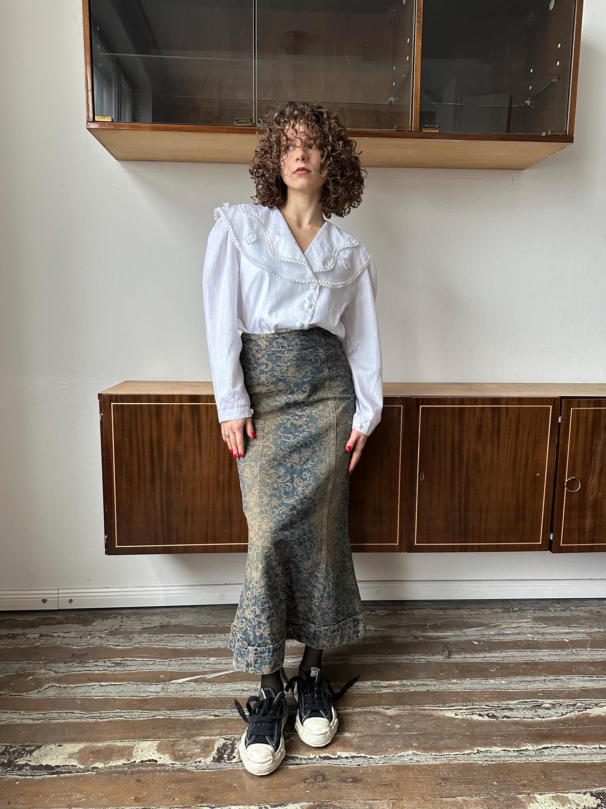 Vintage y2k long denim skirt with floral ornaments in distressed blue