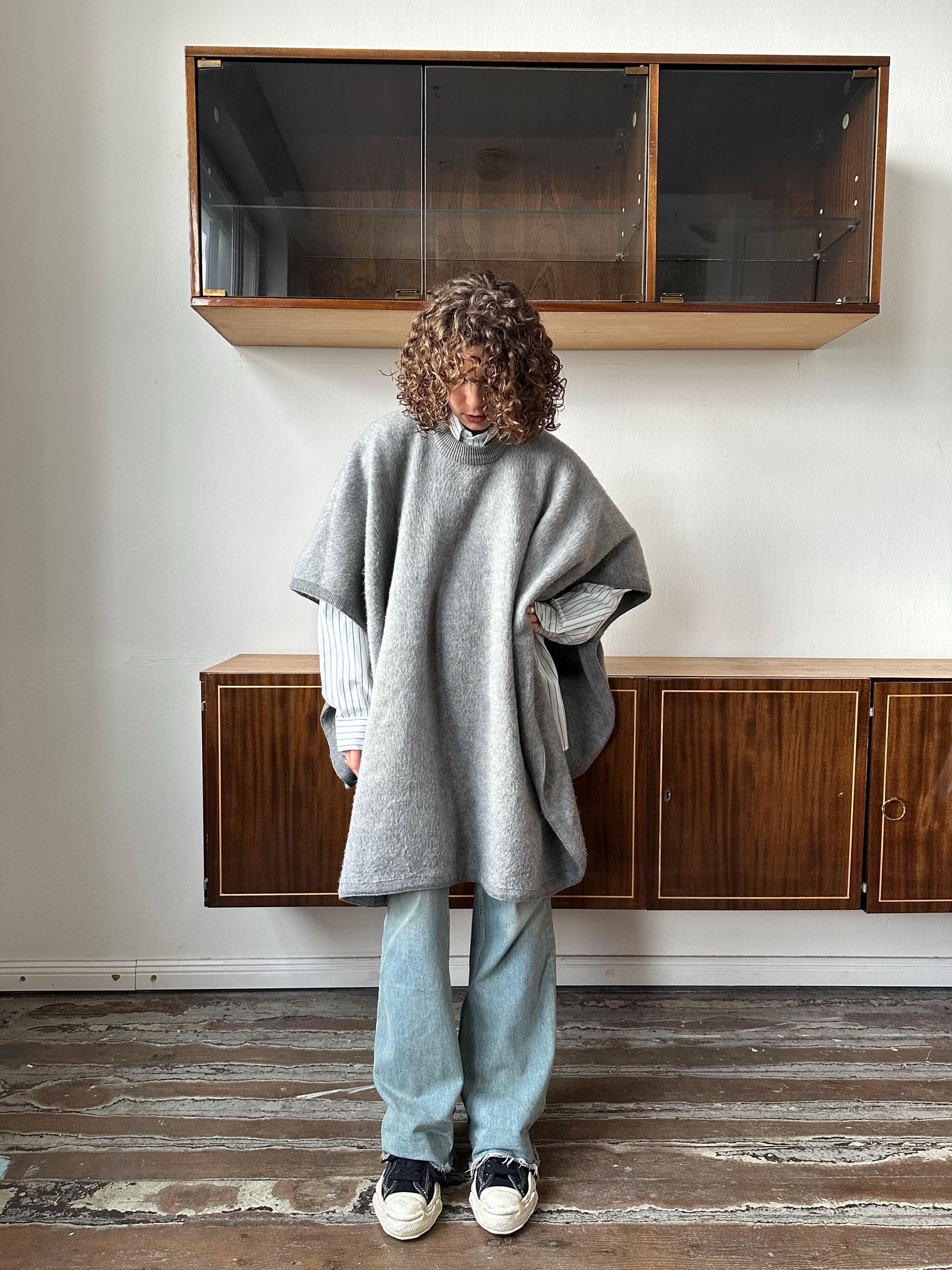 Vintage oversized wool poncho in grey