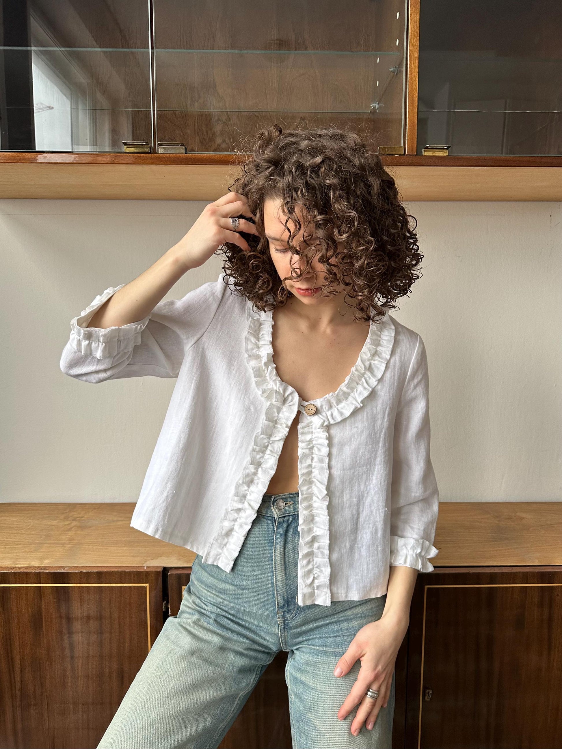 Vintage white linen top, traditional blouse