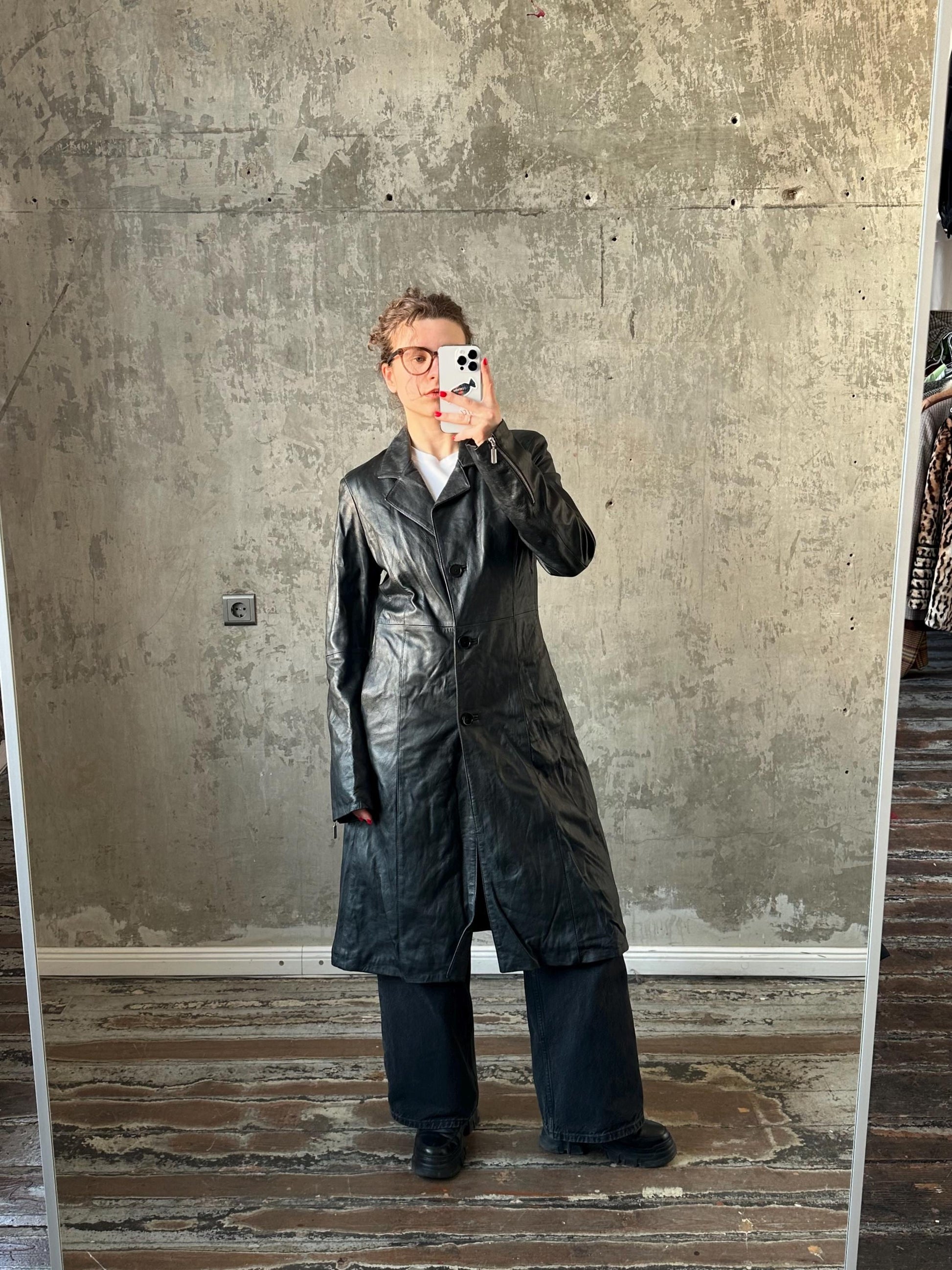 Vintage 90s leather coat in black, straight maxi coat