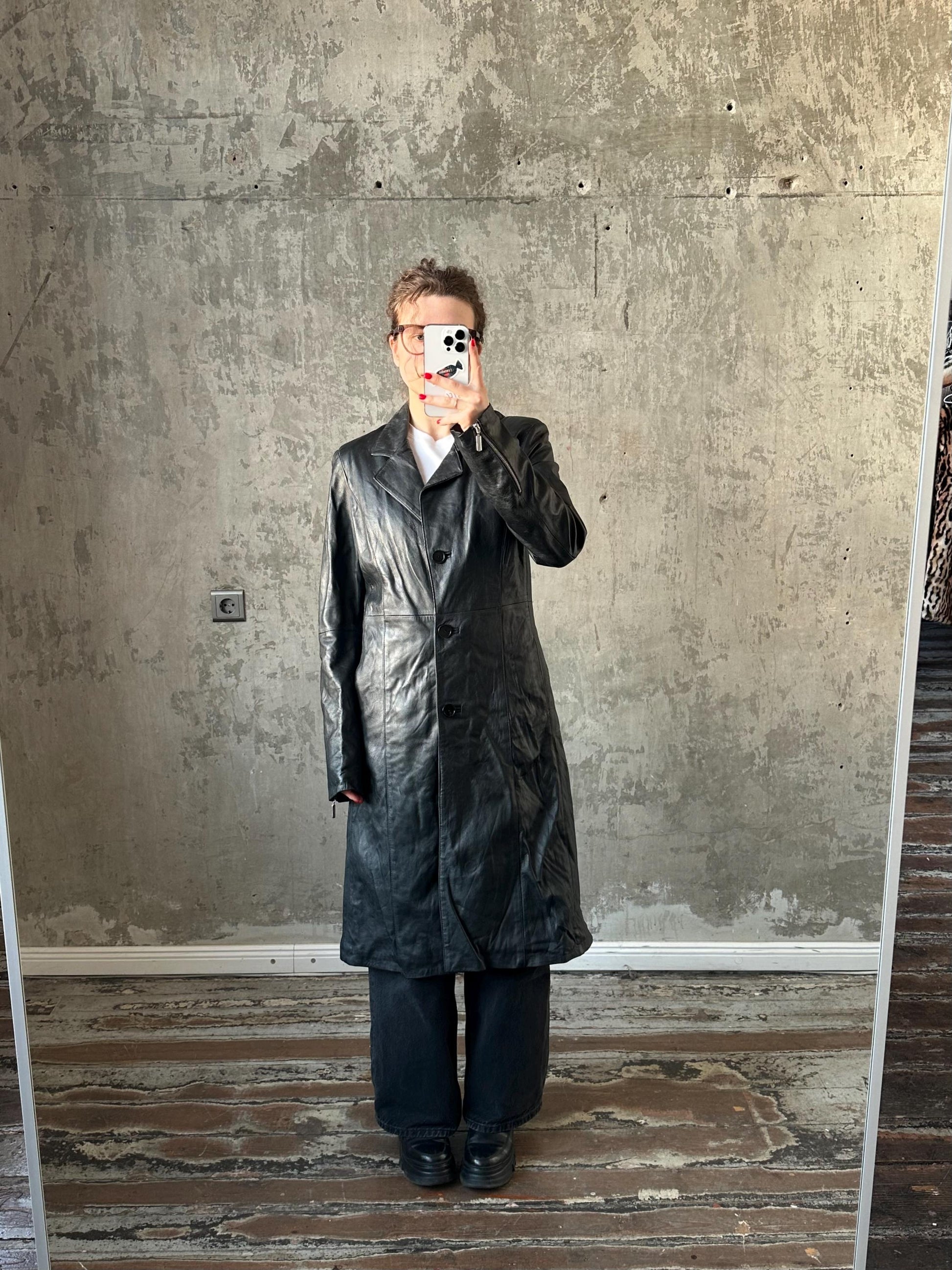 Vintage 90s leather coat in black, straight maxi coat