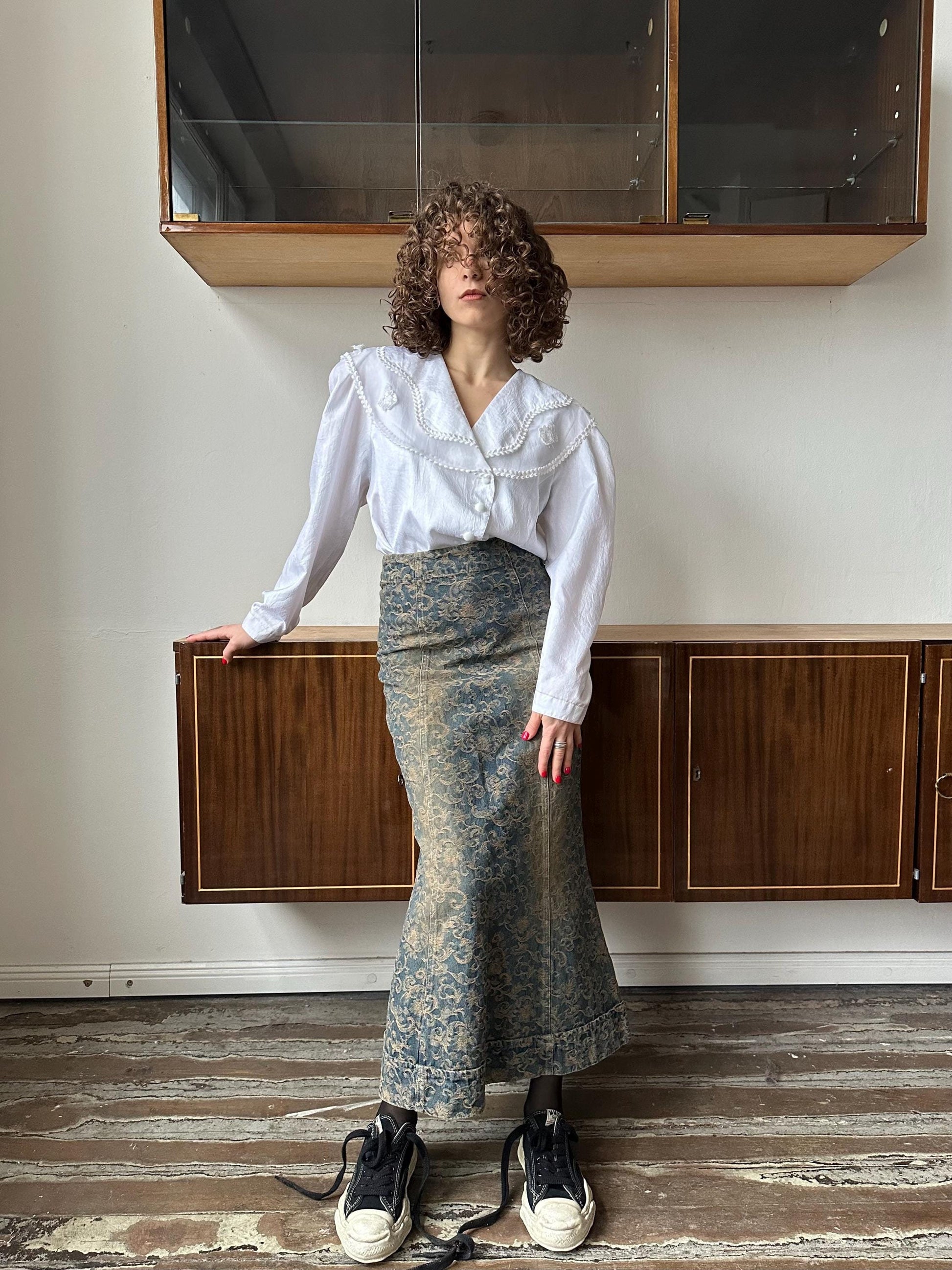 Vintage y2k long denim skirt with floral ornaments in distressed blue