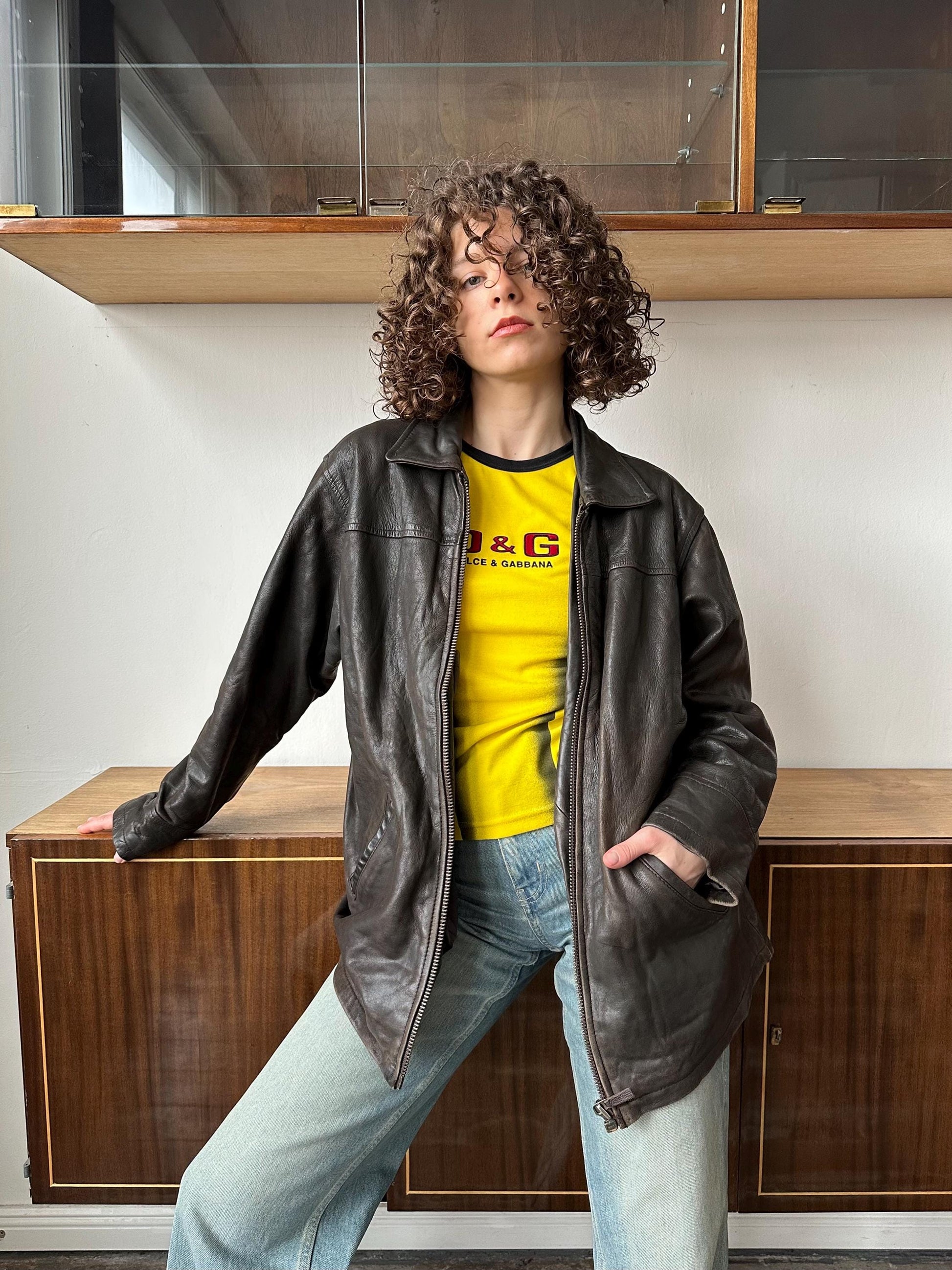 Vintage 90s boxy distressed leather jacket in dark brown