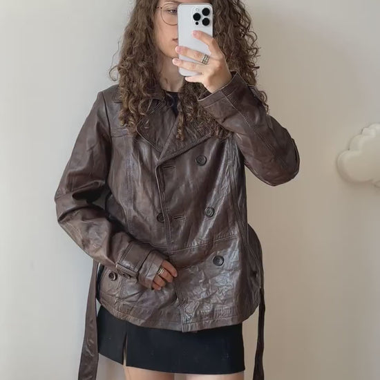 Vintage brown leather belted coat, short leather coat