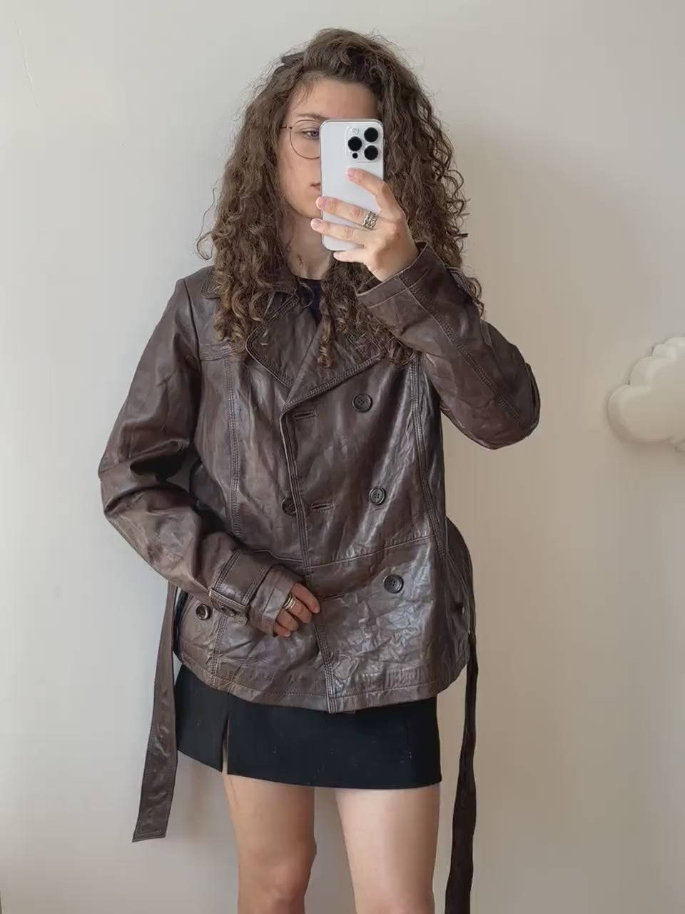 Vintage brown leather belted coat, short leather coat